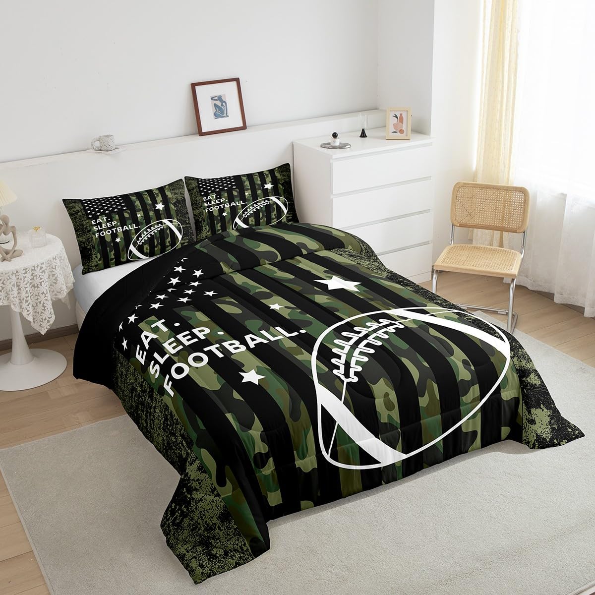 Feelyou Queen Football Bedding Set for Kids Toddler Camo American Flag Comforter Set for Boys Girls Rugby Sports Comforter Teens Soccer Duvet Set Microfiber Bed Set