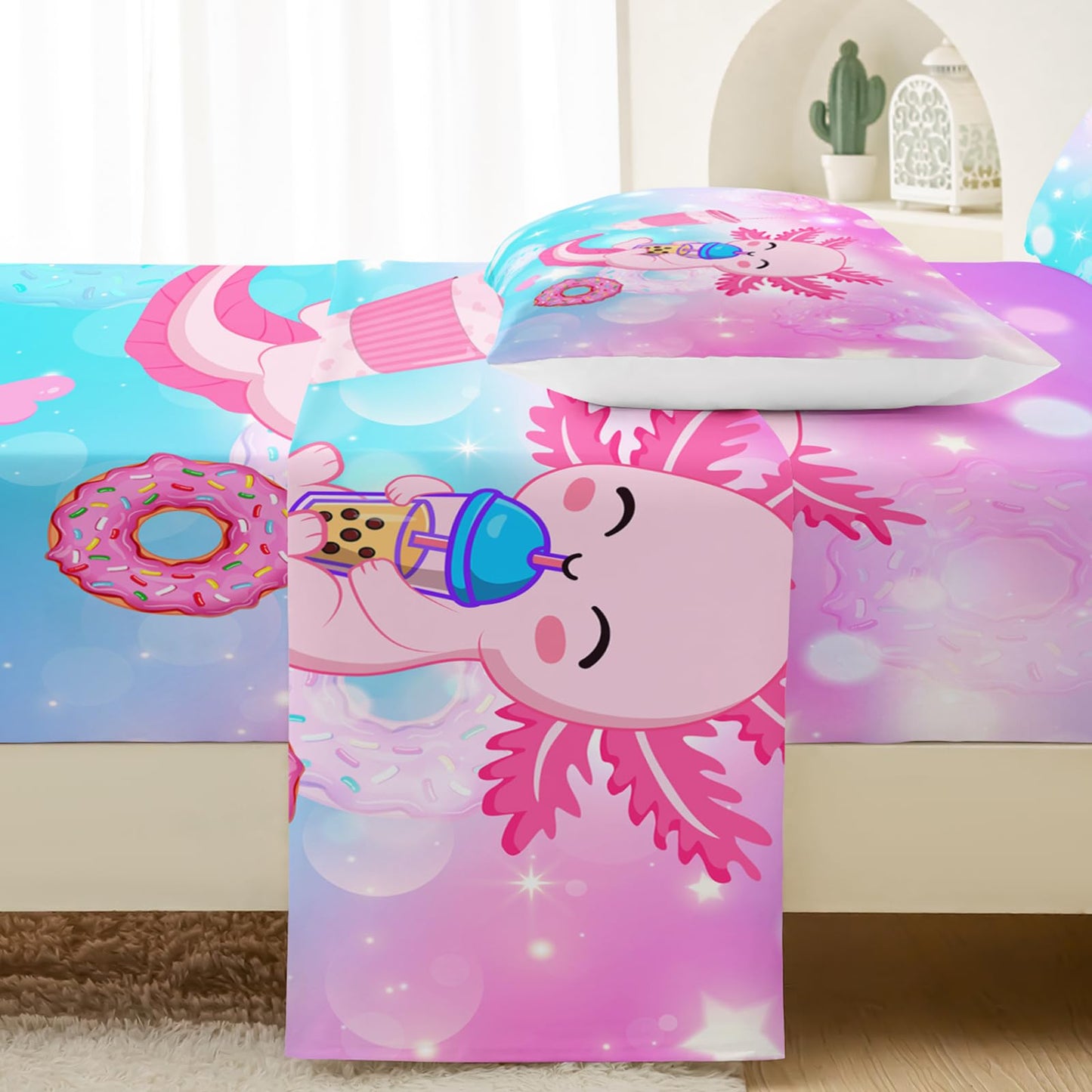 QOOMO Cartoon Pink Axolotl Microfiber Sheets for Children Funny Marine Life Kid Sheets Set Blue Pink Gradient Donut Room Decoration Queen Size 1 Fitted Sheet, 1 Flat Sheet, 2 Pillow Cases