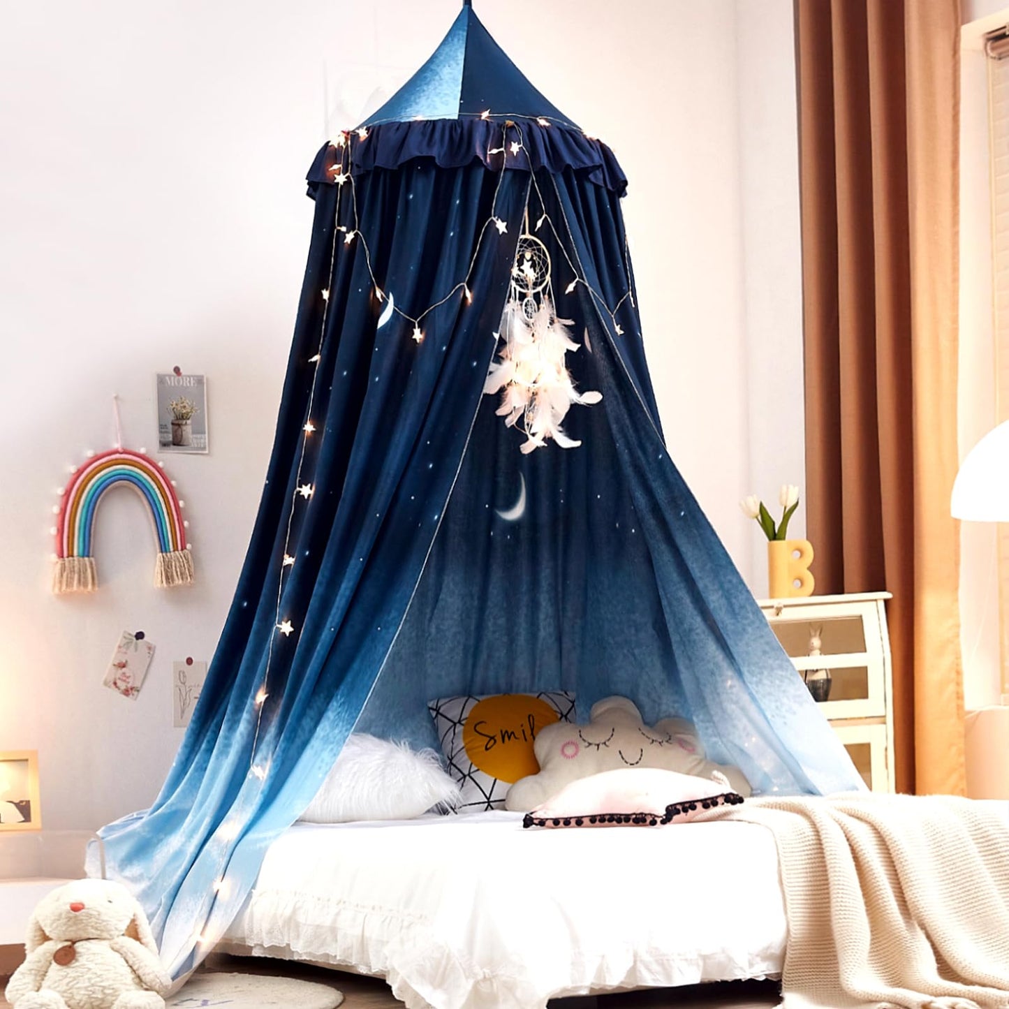 Kertnic Decor Princess Canopy for Girls Bed, Soft Smooth Playing Tent Canopy Room Decoration Castle, Dreamy Mosquito Net Bedding, Reading Nook Canopies in Home (Night Sky-Ruffle)