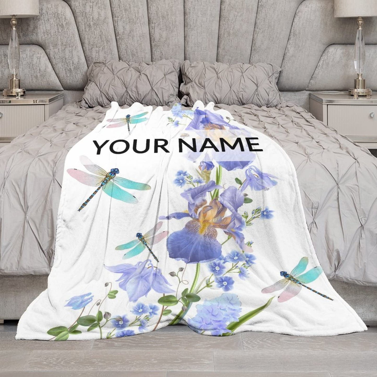 Personalized Dragonfly Blanket with Name - Soft, Fuzzy & Warm - 60"x80" Twin Size Blanket for Bed, Couch & Living Room - White Aesthetic Throw Gifts for Women