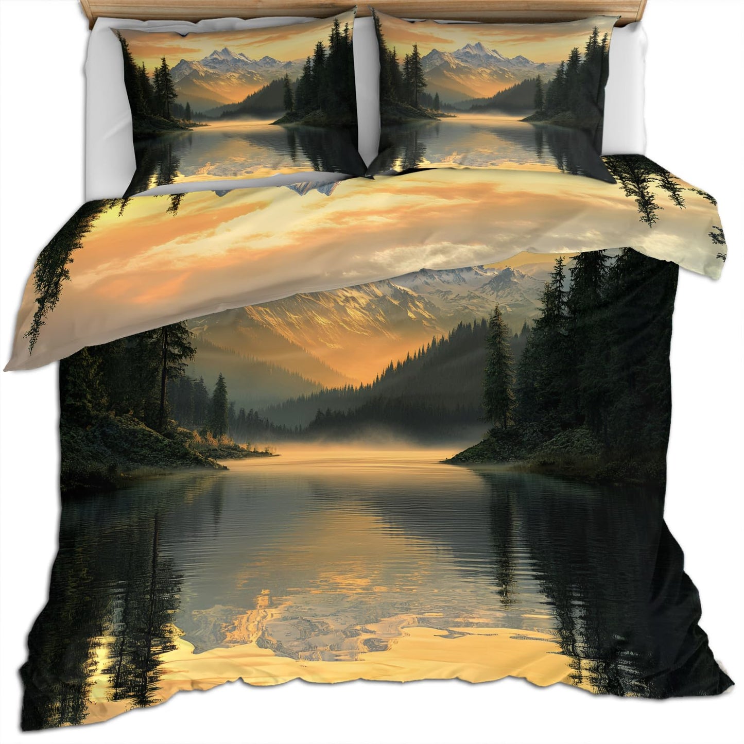PAISUOQ Landscape Bedding Duvet Covers, Lakes and Mountains Comforter King Size, Sunset Landscape Bedding Sets with Zipper & Ties, 3 Pieces with 2 Pillowcases, Home Decor & Gifts