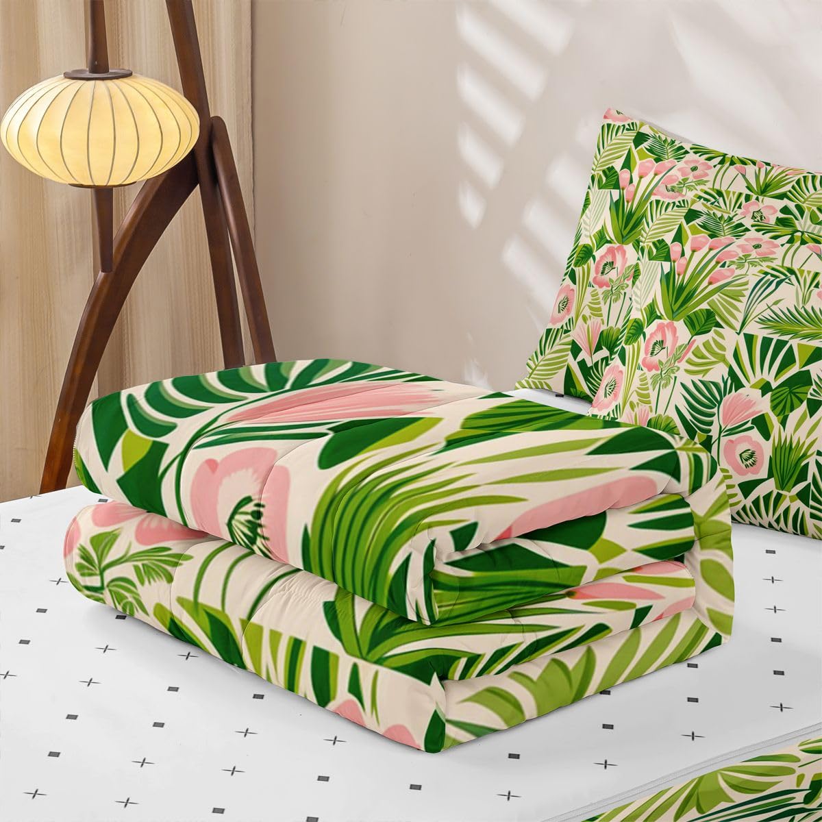 jejeloiu Floral Zipper Bedding Sets for Kids Boys Girls Pink Green Flowers Twin Comforter Set with Fitted Sheet Coloful Botanical Bedroom Decor Cute Microfiber with 2 Pillow Cases