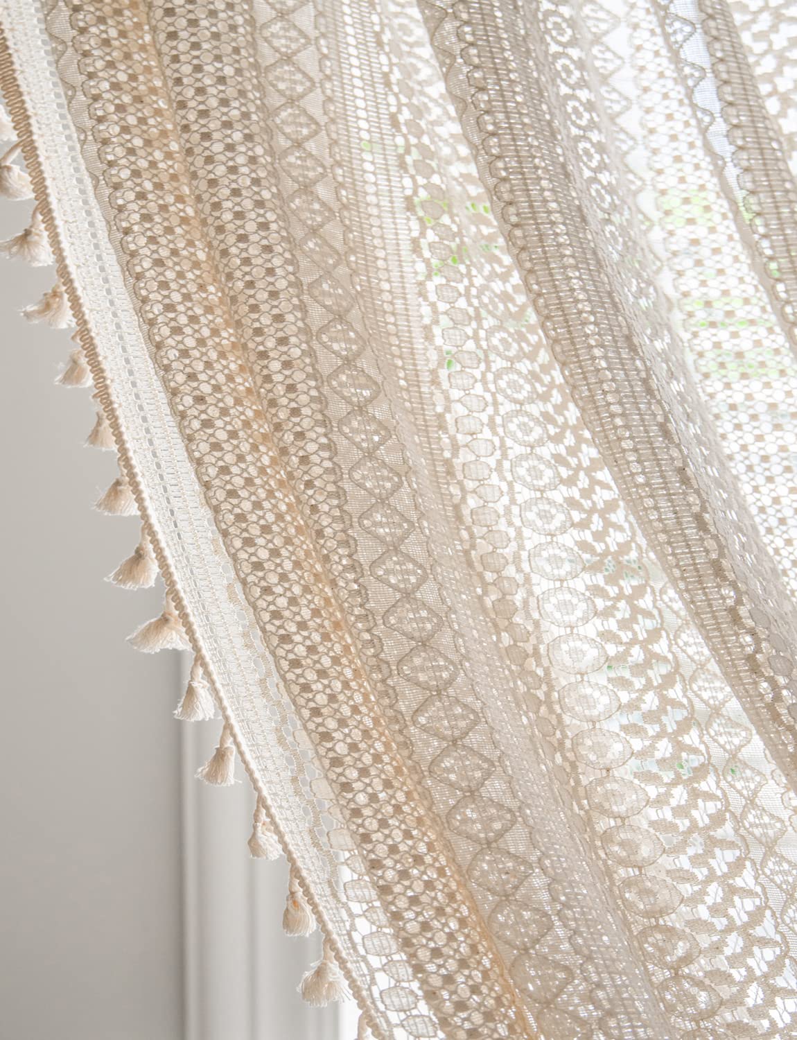 Colorigan Boho Curtains for Living Room Bedroom, 84 inch Length 2 Panels Set Cotton Linen Semi Sheer Farmhouse Window Curtains with Tassels & Rod Pocket, Beige Lace Crochet Rustic Long Curtain Drapes