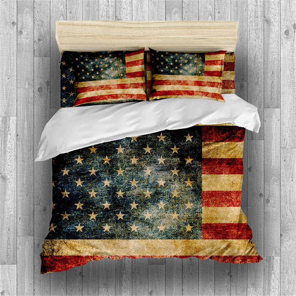 REALIN American Flag Duvet Cover Set Stars and Stripes Bedding Vintage Bed Sets 2/3/4PCS Quilt Covers/Sheets/Pillow Shams,Twin/Full/Queen/King (D,Twin-172x218cm-3PCS)