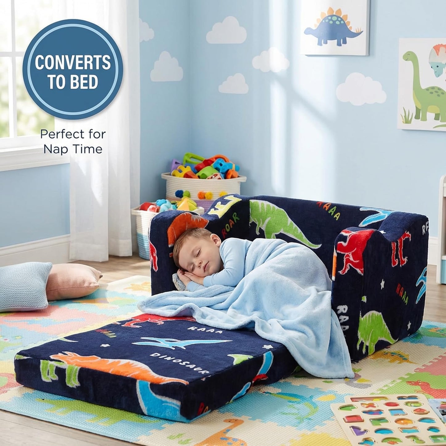 ONEKUKA Toddler Couch, Glow in the Dark Dinosaur Kids Couch, 2-in-1 Foldable Flip Open Kids Sofa Chair for Reading, Playtime and Playroom, Gift for Boys and Girls