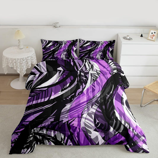 jejeloiu Modern Abstract Comforter Full Size Purple Stripes Black Gray Comforter Set for Boys Girls Adults Retro Spiral Geometric Bedding Set Room Decor Quilt 3Pcs Boys