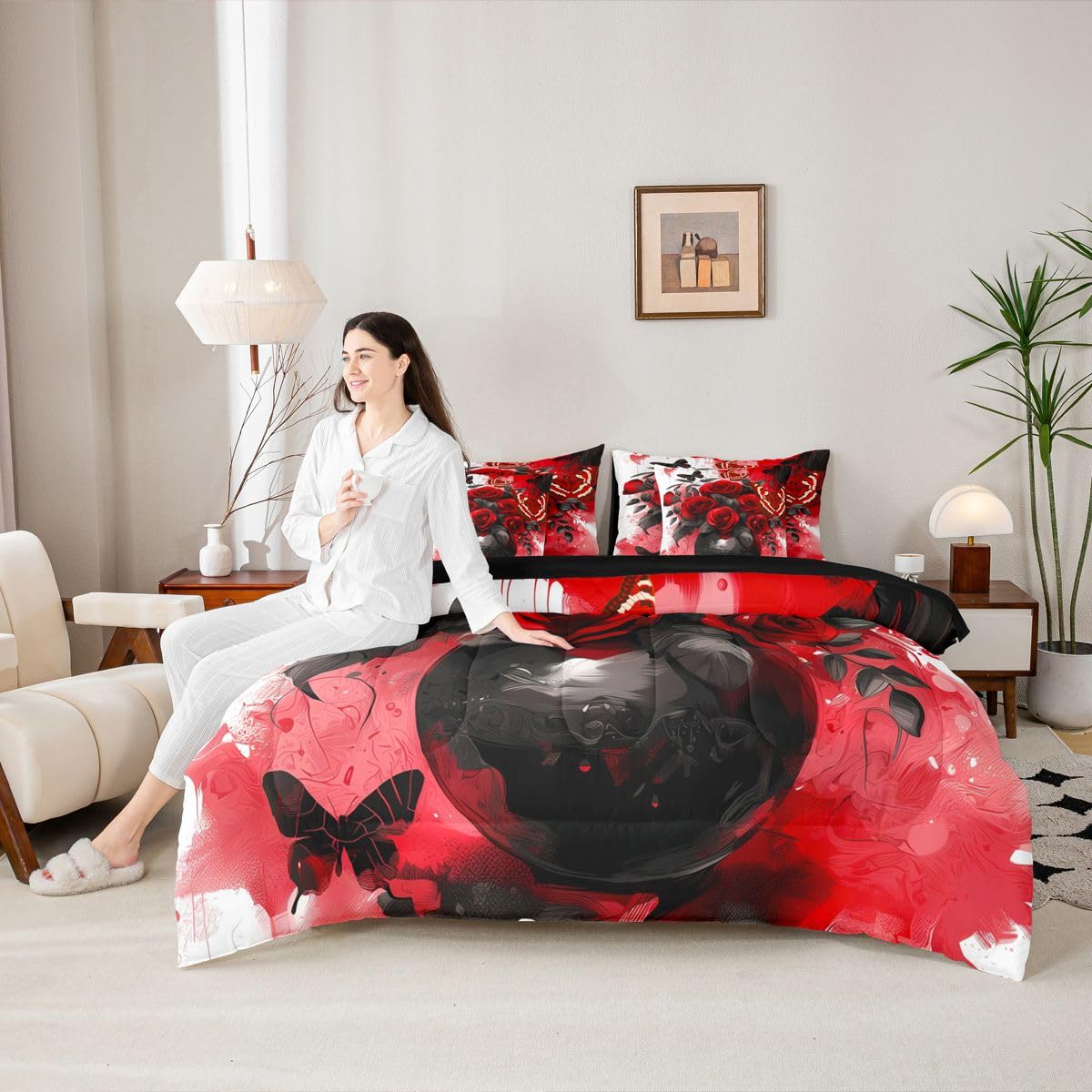 Erosebridal Red Rose Queen Comforter Set with Sheets 7 Piece Grey Retro Couple Rose Bed in A Bag Valentine Day Gift Bedding Sets for Women Men Adults,Romantic Floral Butterfly Bed Set