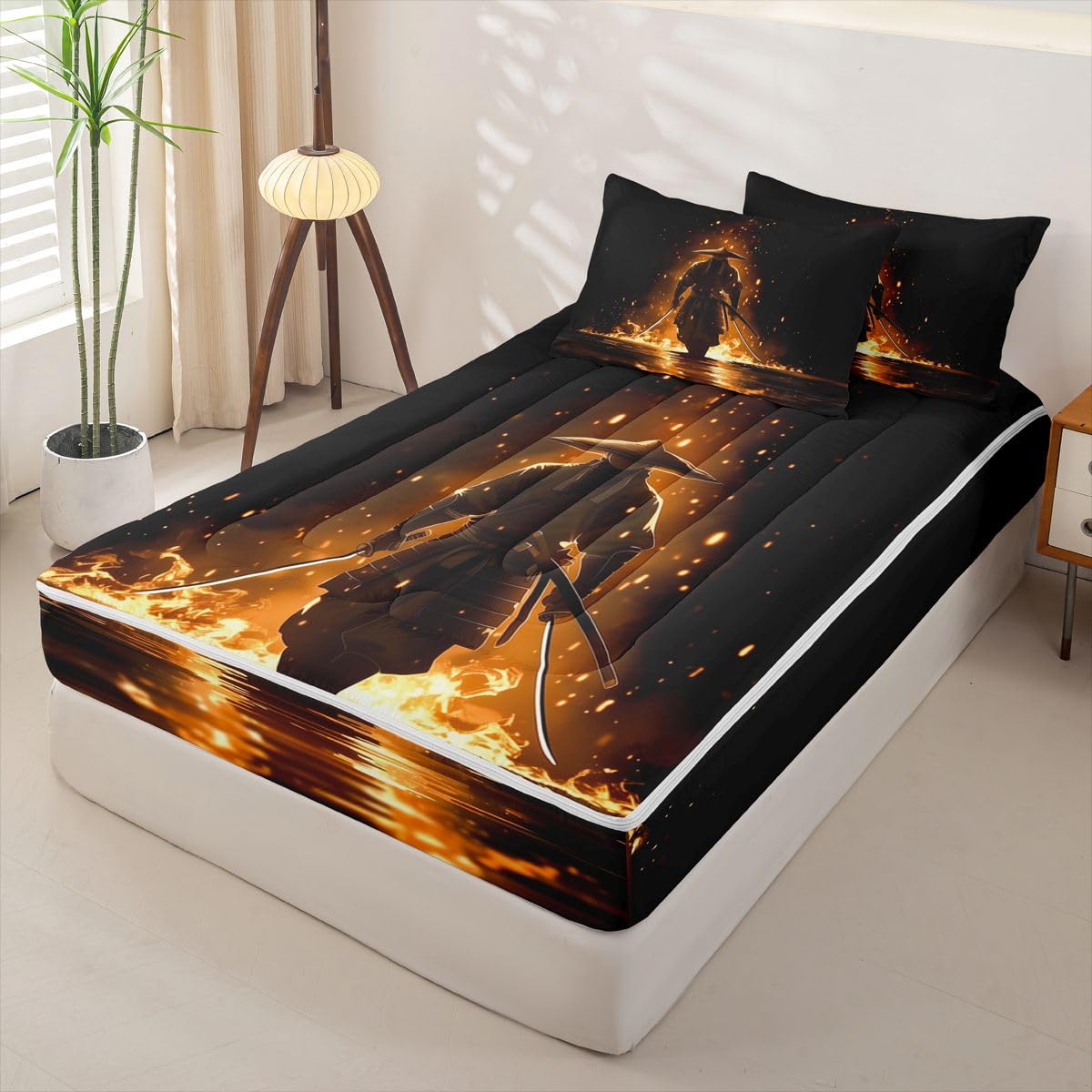 Erosebridal Japanese Samurai Kids Comforter Set with Zipper, Japan Warrior Twin Size Zipper Bedding Set, Japanese Spirit Bed-in-A-Bag