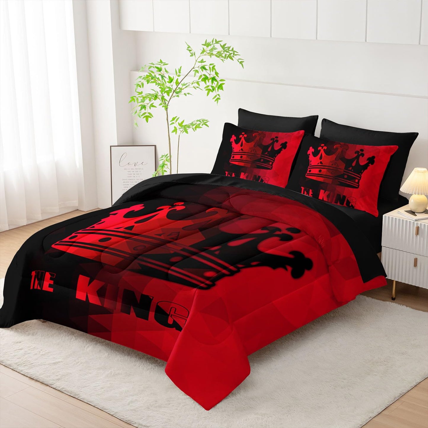 Smell Sunshine 7Pcs Crown Comforter Set Black Red Gradient Art Printed Bedding Set with 1 Comforter, 1 Flat Sheet, 1 Fitted Sheet and 4 Pillowcases for Boys and Girls Bedroom All Season(Crown Twin