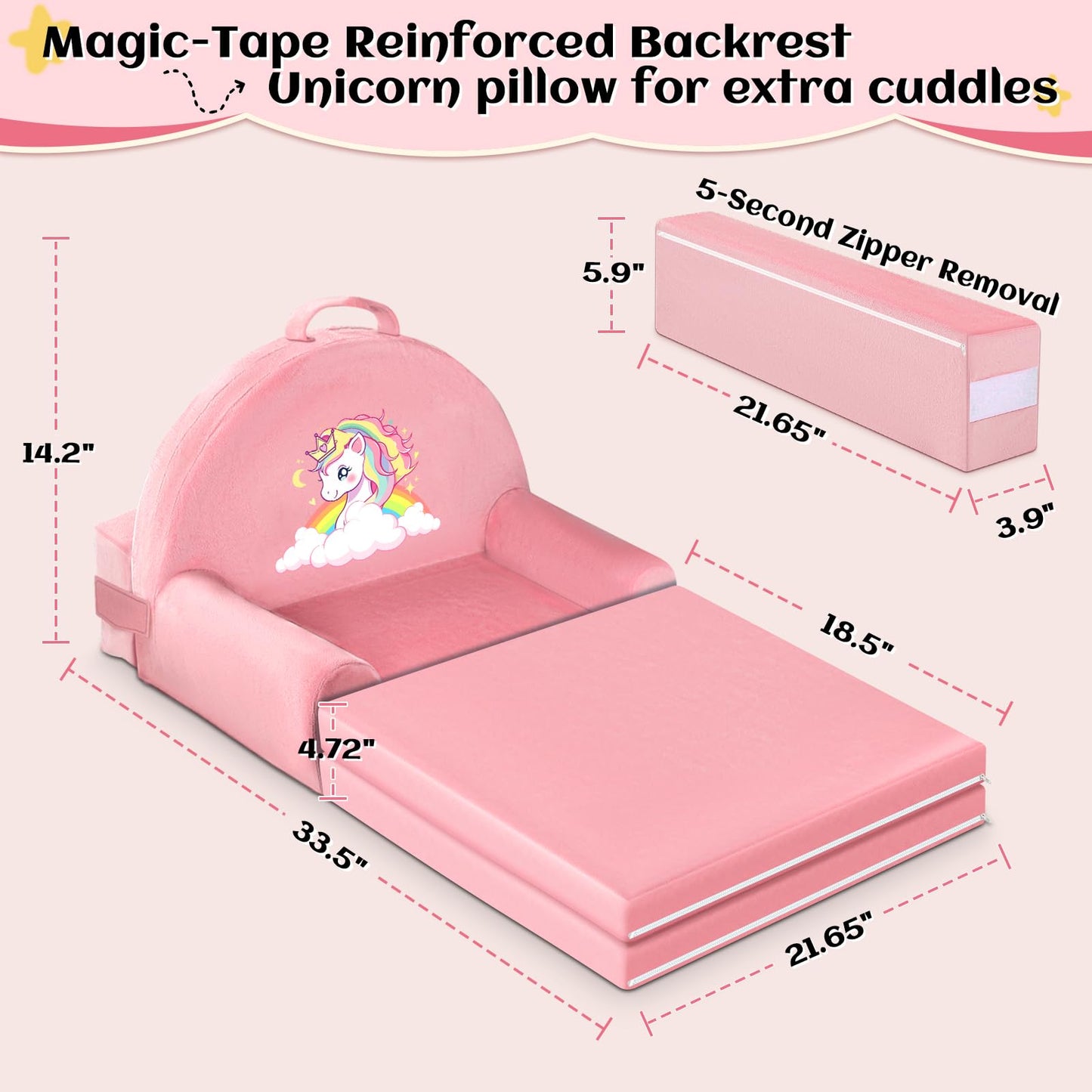 ORWIPO Unicorn Kids Sofa Bed with Removable Washable Cover & Hook and Loop Backrest – Foldable Toddler Chair, Cozy Crystal Velvet Furniture for Playtime, Naps & Travel (Pink, Unicorn Design)