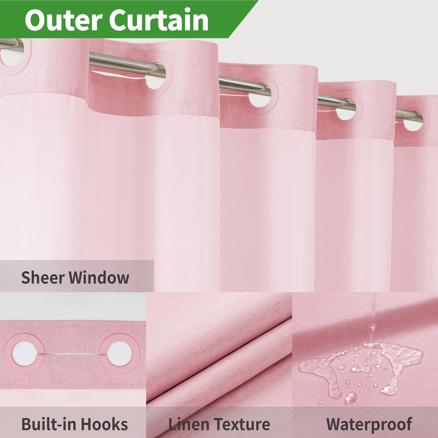 eachope Long No Hooks Needed Linen Textured Shower Curtain with Snap-in Fabric Liner Set,Hotel Luxury Decor Shower Curtains for Bathroom,Waterproof & Washable,71Wx80H,Pink