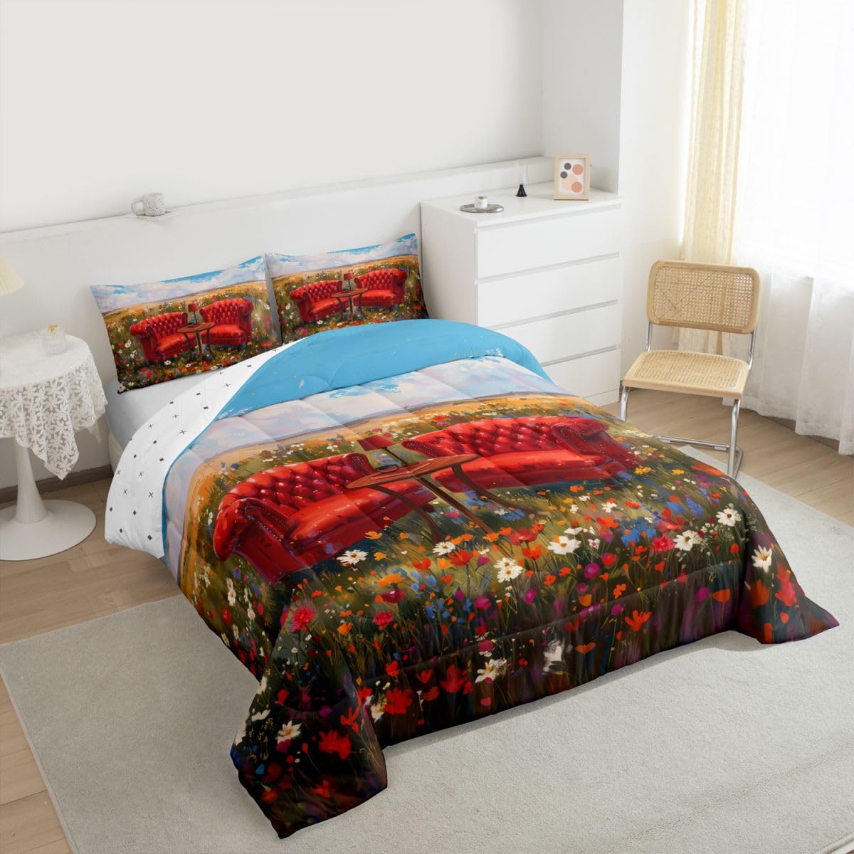 jejeloiu Flower Field Comforter Set Toddler Size French Country Bedding Set for Kids Boys Girls Floral Duvet Quilt Bedroom Decor Microfiber 2 Pcs with 1 Pillow Cases