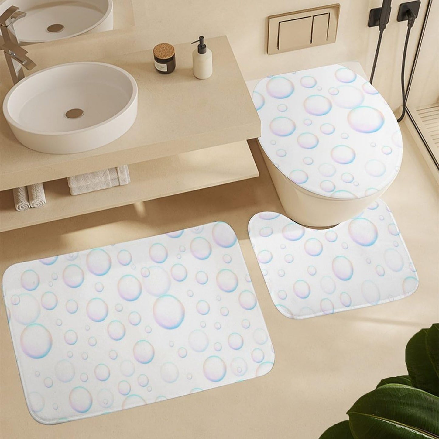 Bubbles Bathroom Set, Funny Shower Curtain Set 4PCS with Non-Slip Rugs, Toilet Lid Cover Bath Mat and 12 Hooks