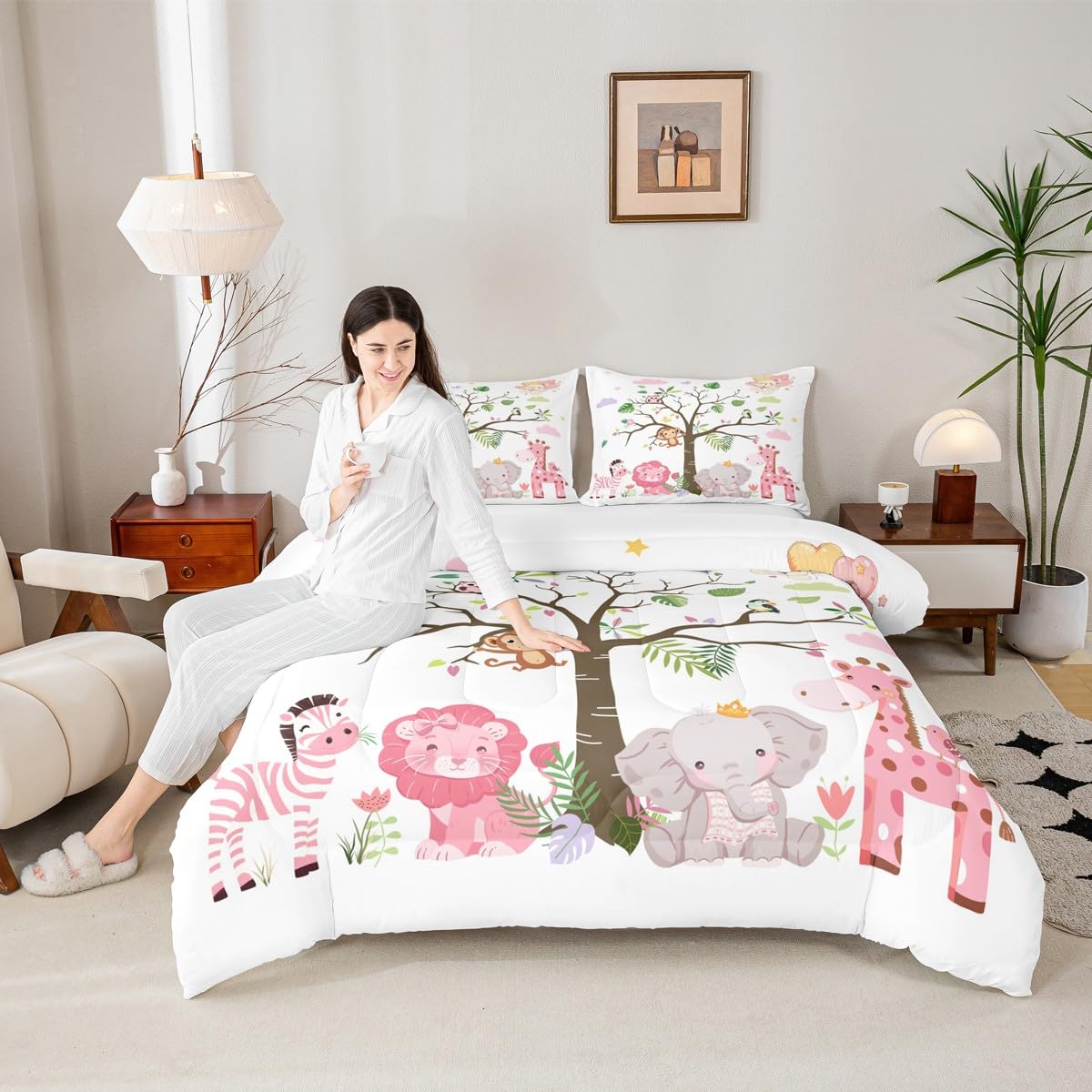 Erosebridal Pink Wildlife Comforter Set Twin Size Woodland Animals Bedding Set for Kids Girls BoysLion Giraffe Elephant Zebra Comforter Nature Safari Quilt Bedroom Decor