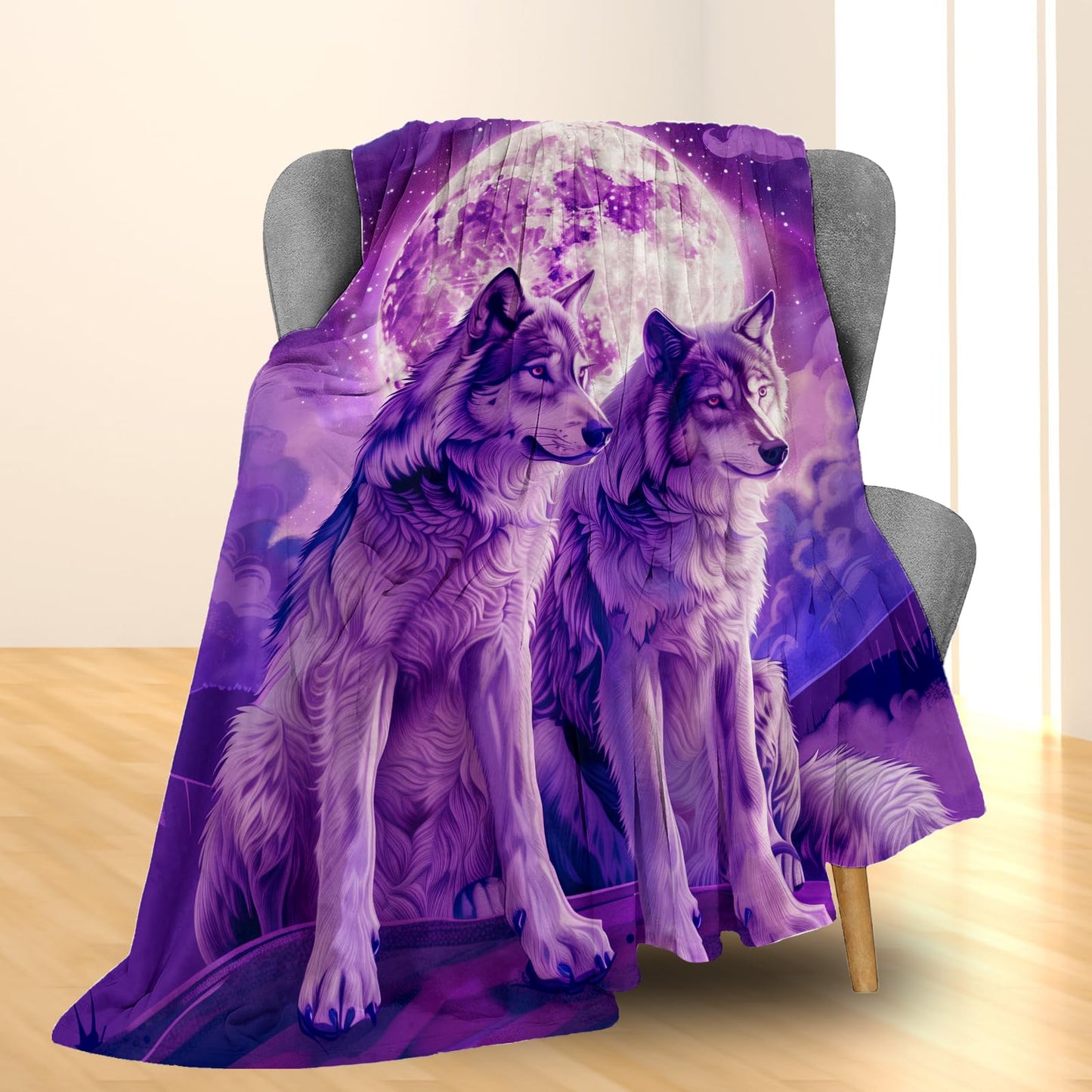 Ti Caldi Mystic Moon Wolf Blanket - Ultra Soft, Lightweight Flannel, Fuzzy and Fluffy, Perfect for Couch, Bed, Travel, Outdoor - Cozy Home Decor - Vivid Night Sky and Wildlife Design 60×50 in