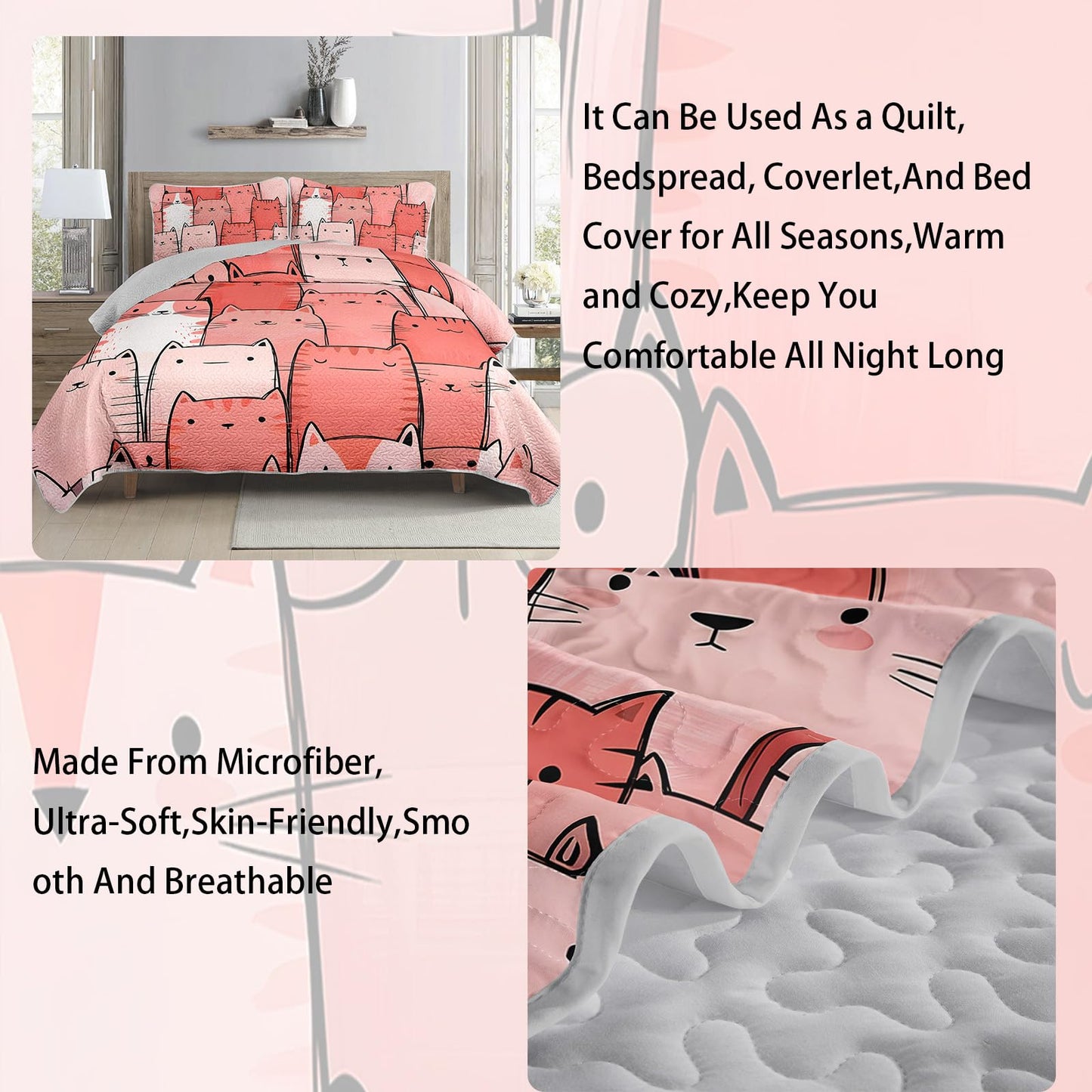 AILONEN Full Quilted Comforter 3 Piece Set, Kawaii Kitten Bedspread Coverlet with 2 Pillowcases, Breathable Coral Pet Bedding for Teens Guest Apartment Playful Feline Sketchy Style
