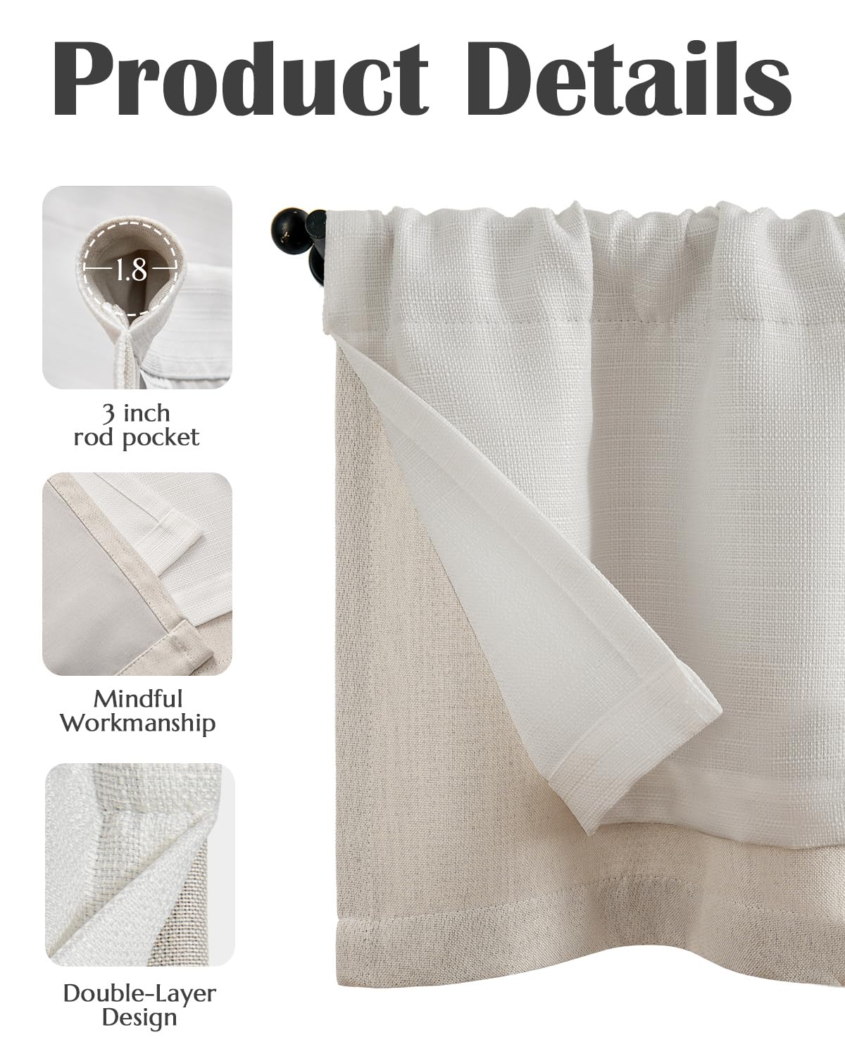 jinchan Faux Linen Valance Kitchen Curtain Light Filter Double Layer 18in