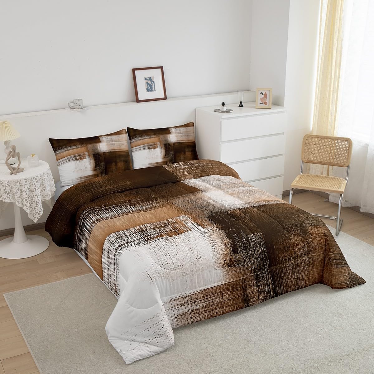 Feelyou Brown Abstract Art Comforter Set for Kids Boys Girls Modern Art Bedding Set Queen Size Abstract Oil Painting Duvet Quilt Geometric Bedroom Decor Breathable Soft Lightweight Microfiber 3Pcs