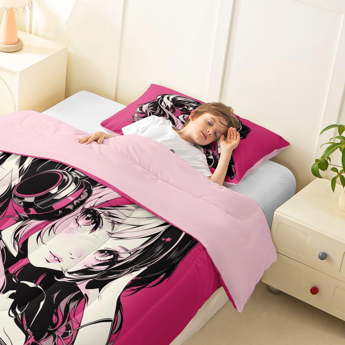 Erosebridal Pink Anime Girls Bedding Cartoon Japanes-Style Comforter Set Twin, Graffiti Street Culture Bed Comforter Set for Kids Teens Youth Watercolor Hippie Style Duvet Set 2Pcs