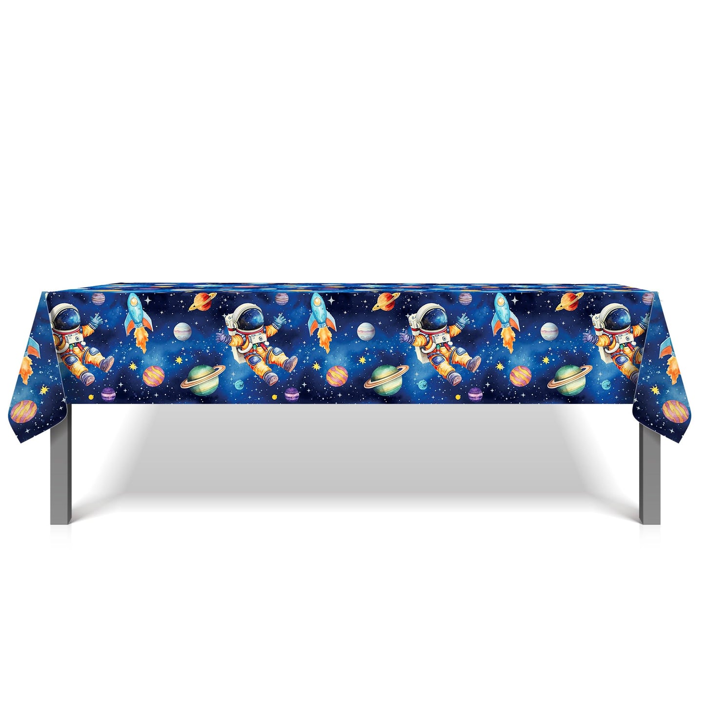 CC HOME 1Pc Planet Space Party Plastic Tablecloth 54 x 87 Inch Long Table Cover, Blue Universe Party Tablecover for Space Travel Theme Kids Baby Shower Birthday Dinner Picnic Kitchen Event