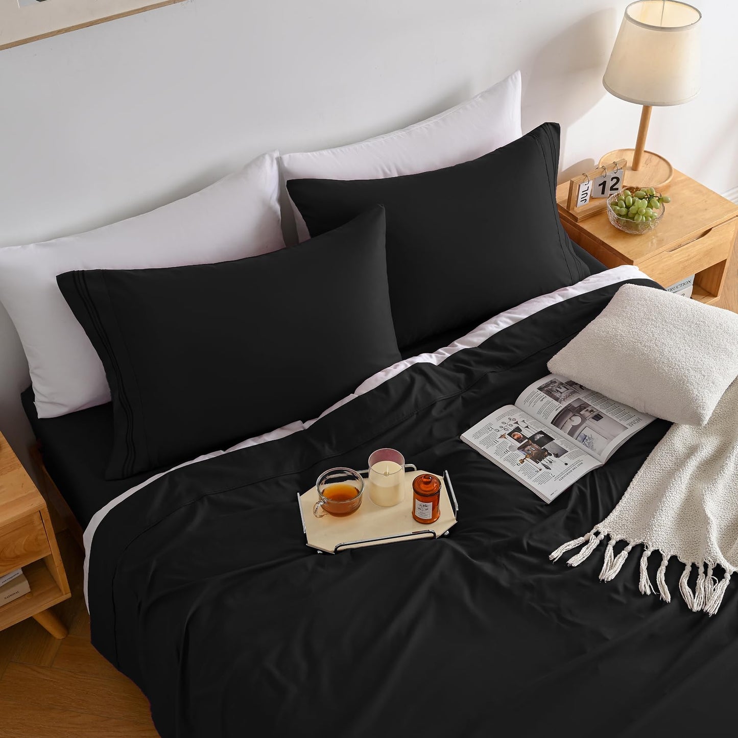Yibeizi Black Sheet Set Full Size, Kids Bedsheets Microfiber Deep Pocket Cute Bed Sheet & Pillowcase Sets 4 Pieces