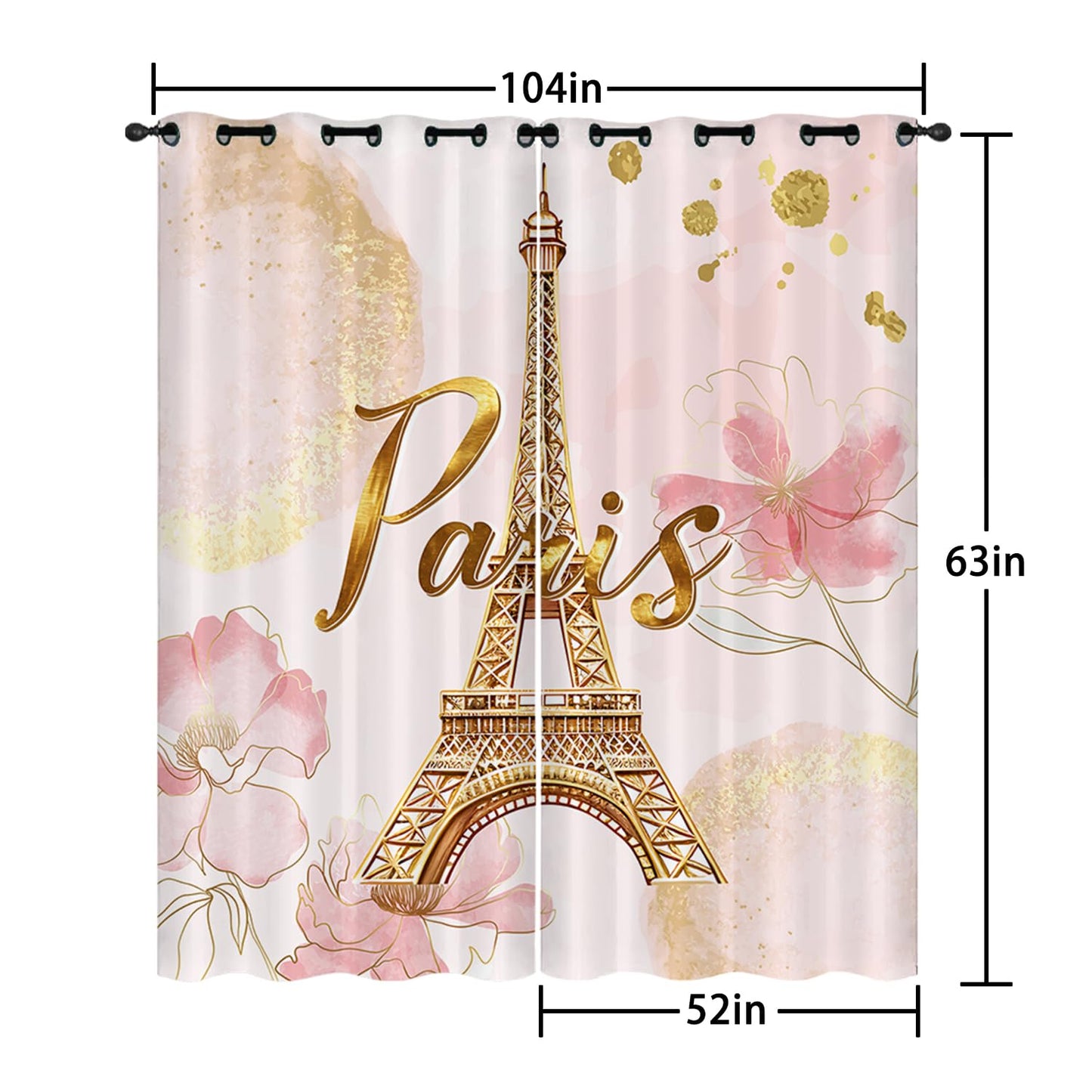 AILONEN Paris Pink Window Curtain, Tie Dye Flower Gold Eiffel Tower Window Treatments Drapes-2 Panels Set,Girls Women Teen Eiffel Tower Themed Bedroom/Living Room Curtain 52" W x 63" H