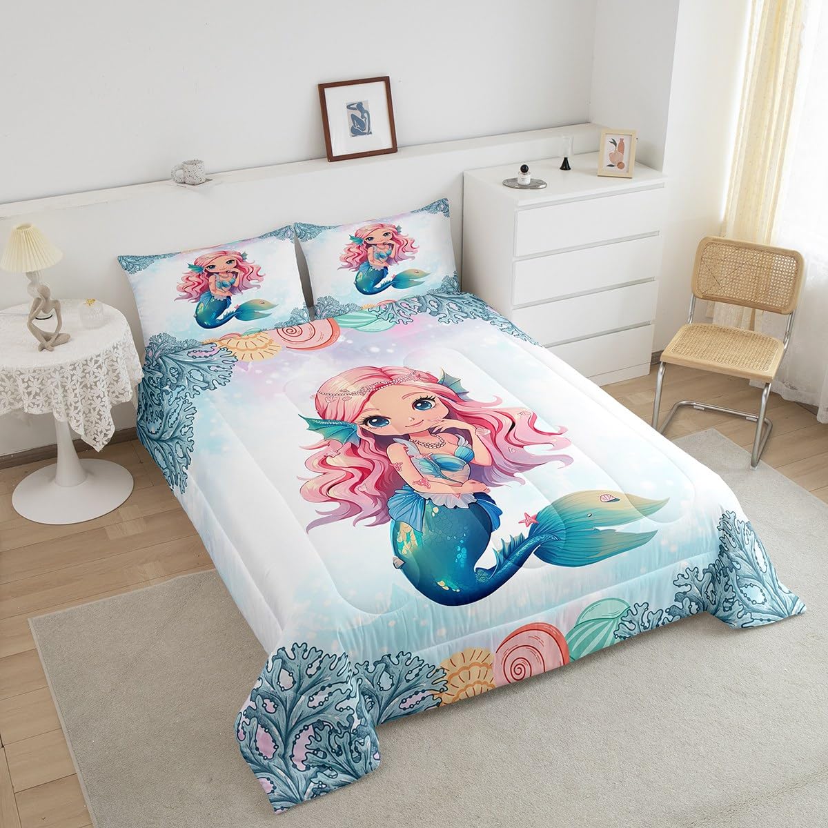 Erosebridal Mermaid Black Girls Bedding Set Afro Girl Twin Comforter Set for Girls,American African Princess Magical Quilt for Toddler Kids Teenager,Ocean Fish Coral Cute Room Decor