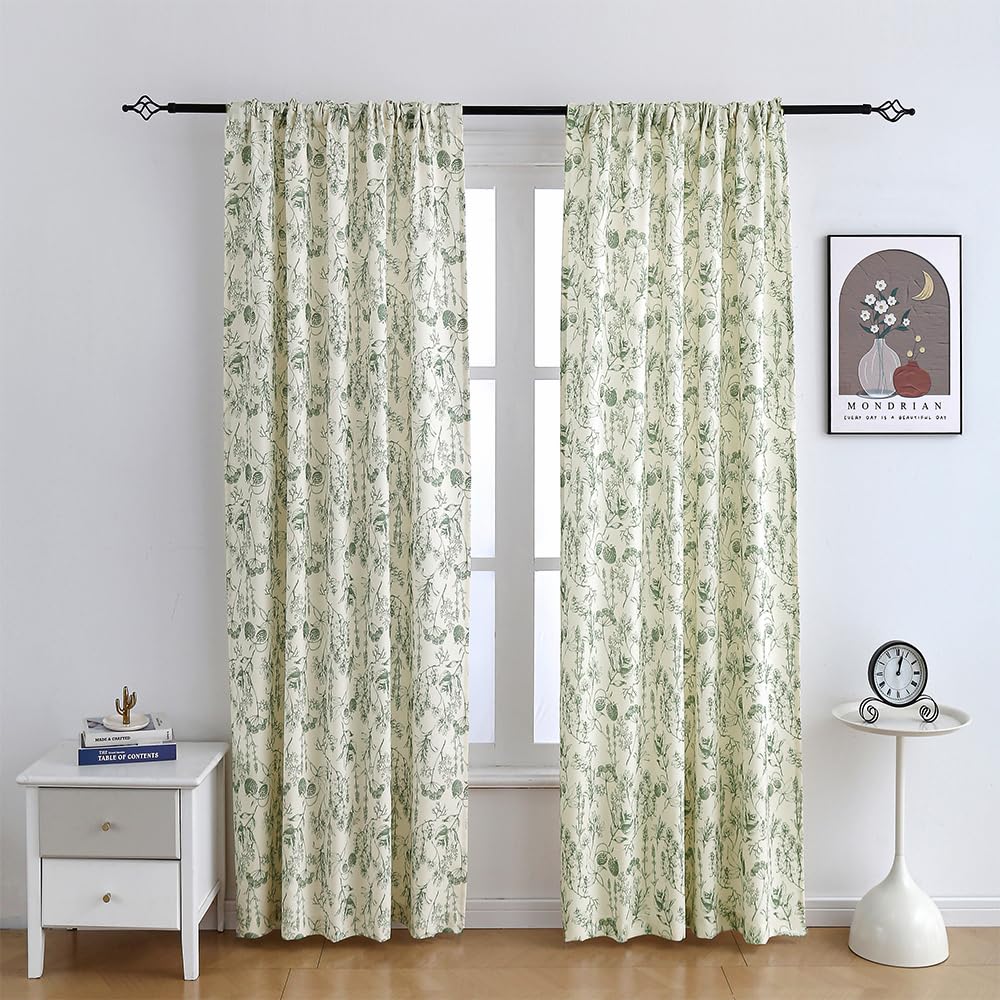 Autum Dream Blackout Curtains 2 Panels Chenille Curtains Drapes for Bedroom Back Tab Rod Pocket Poppy Floral Farmhouse Curtains for Living Room, Patio Doors,Green Floral, 52" W x 63" L
