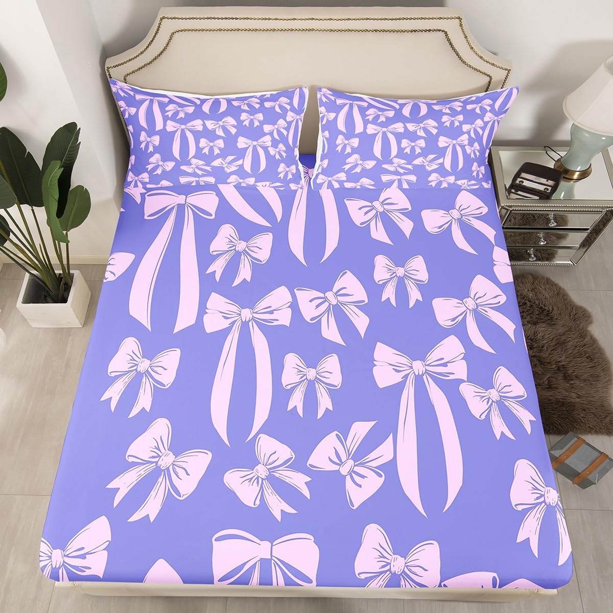Feelyou Cute Bowknot Bedding Sheets Girls Like Full Purple Bowknot Bed Sheet Set Kids Cartoon Style Fitted Sheet Ribbons Silk Bows Bed Cover 3Pcs,1 Fitted Sheet+2 Pillow Sham（No Flat Sheet）