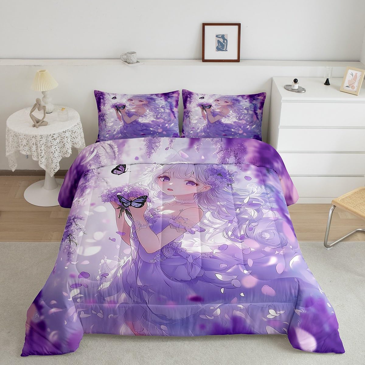 Erosebridal Cute Kawaii Anime Girl Full Bedding Set Japanese Style Anime Kids Down Comforter Cartoon Print Comforter Set Purple Romantic Flower Butterfly Bed Set 2 Pillow Cases