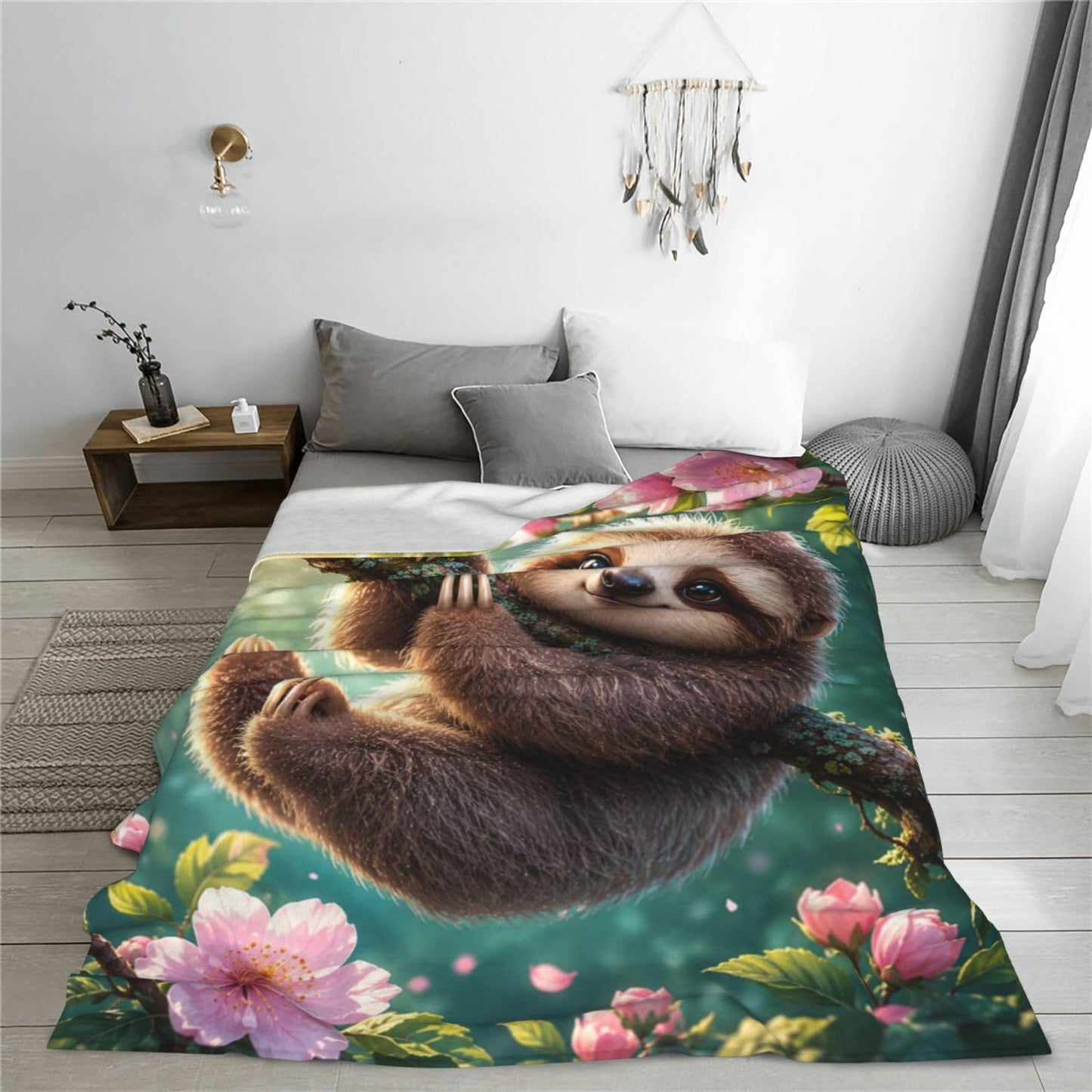 TZJCCMAY Cute Sloth Blanket for Kids Women Adults, Floral Animal Lovers Throw Blankets, Soft Lightweight Fleece for Bed Sofa Home Living Room Decor, Birthday Gifts, 50x60in