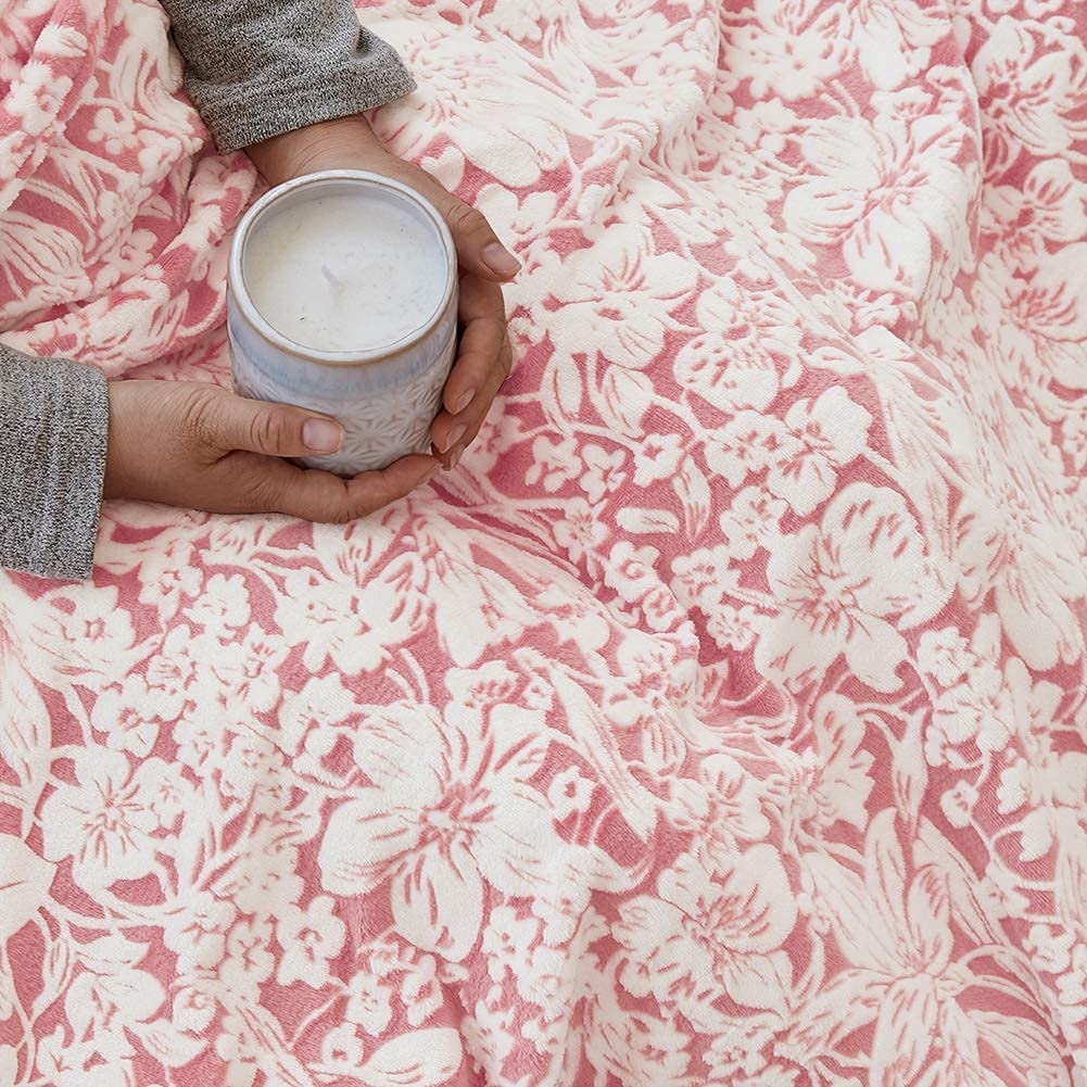FY FIBER HOUSE Flannel Fleece Throw Blanket Super Soft Lightweight Microfiber with Flower Print for Couch, 60"X80", Peach