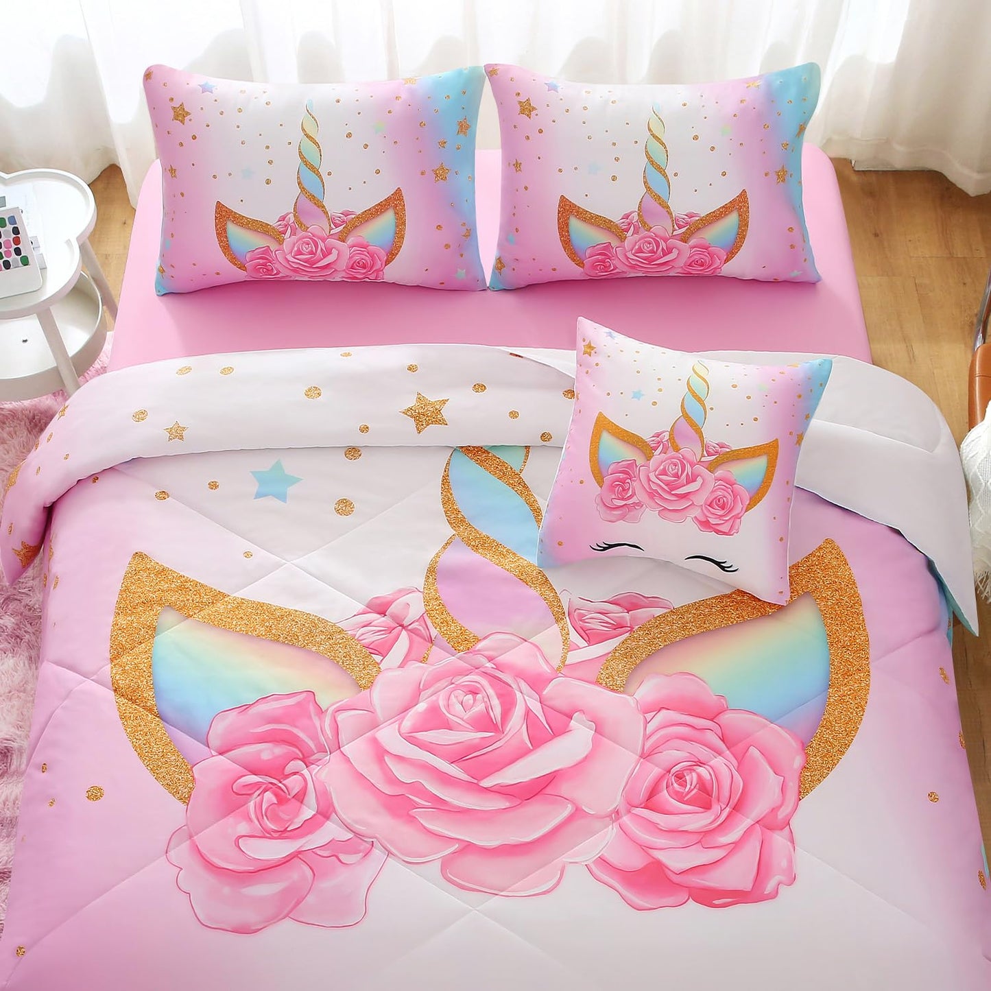Keyroal 6Pcs Twin Comforter Set with Sheet,Unicorn Flower Bedding Set for Kids,Pink Rainbow Bed in a Bag Bedding for Girls-Smile Unicorn