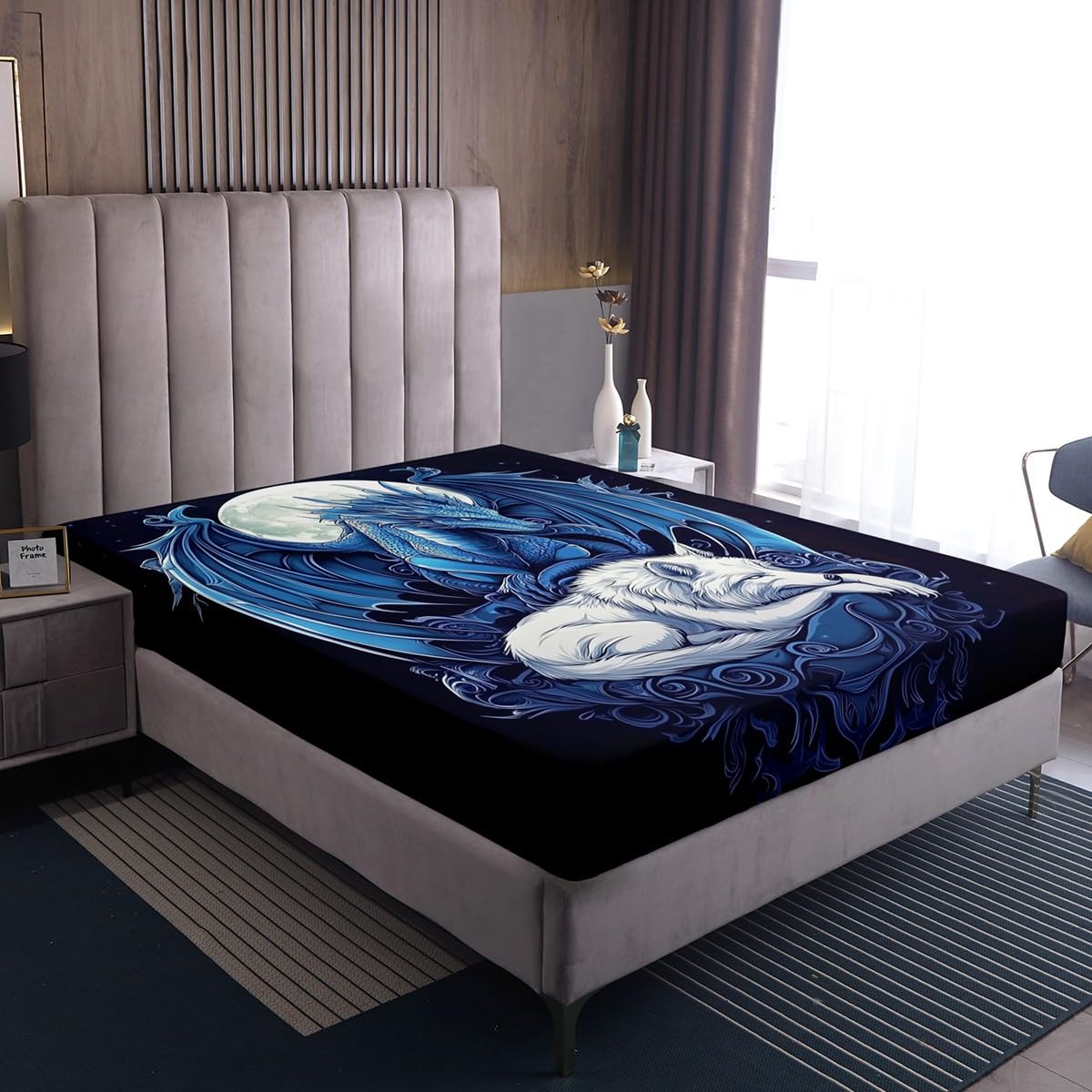 Erosebridal Dragon Bed Sheets Set Twin Size for Boys, Wolf Animals Bedding Set, Tribal Exotic Wildlife Flat Fitted Sheet for Boys Adult Men Room, Moon Starry Sky Bed Set, Black Blue