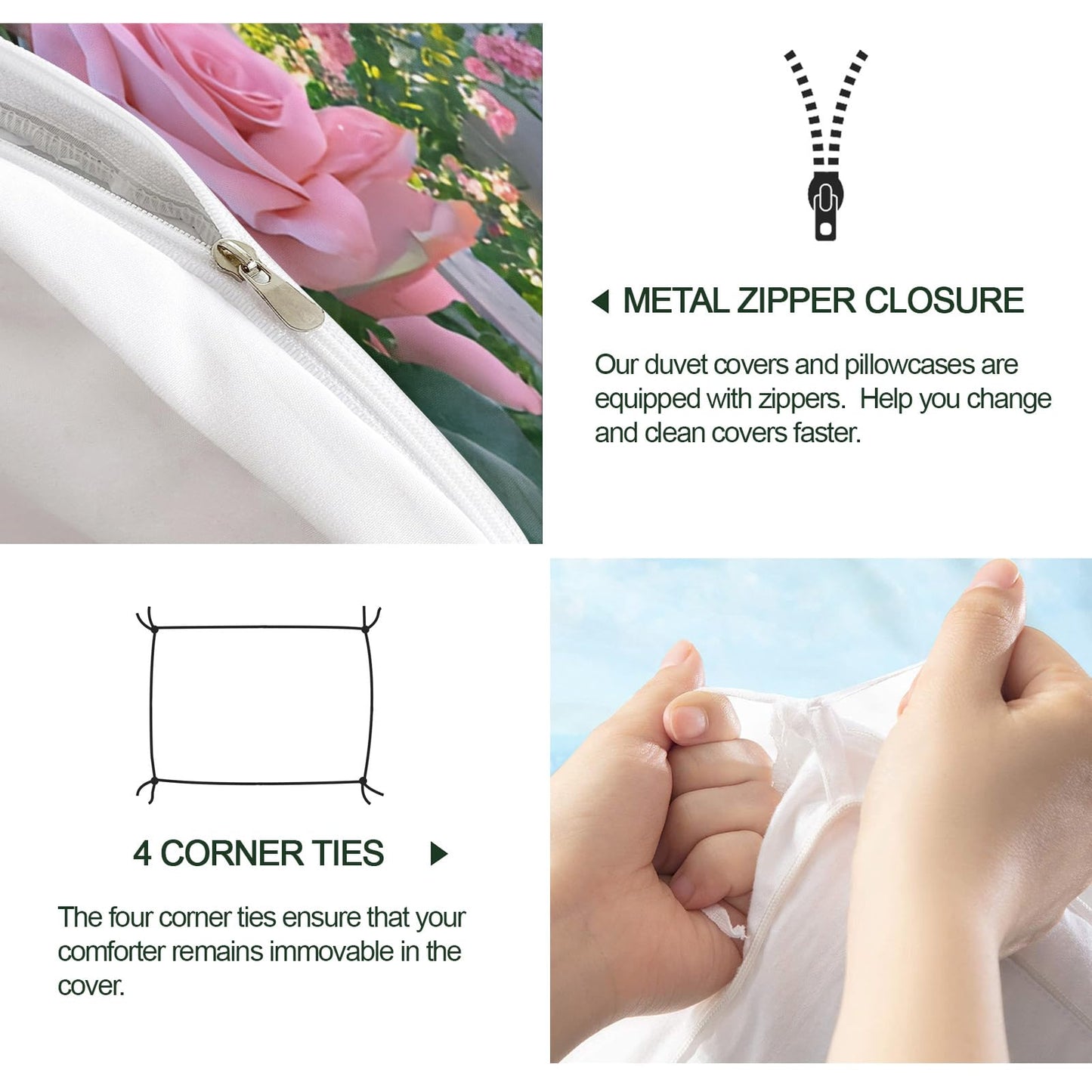 GKPLY Pink Rose Comforters Queen Size, Romantic Floral Bedding Duvet Cover, Elegant Garden Duvet Cover with 2 Pillowcases, 3 Pieces, Reversible Dreamy Balcony Bedding with Zipper
