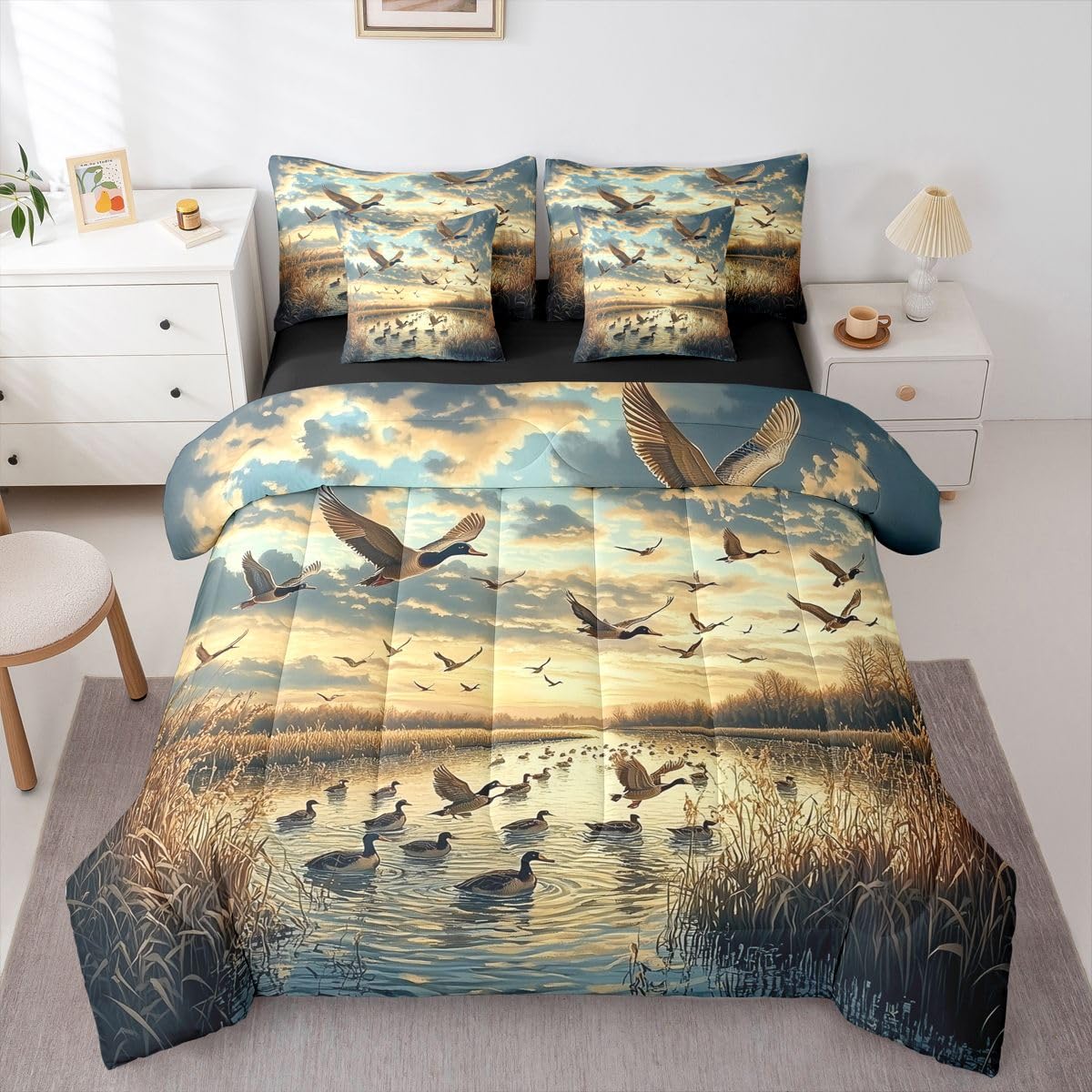 Erosebridal Sunrise 7 Piece Bedding Set Queen Wild Ducks Comforter Set with Sheets Reeds River Flying Mallards Clouds Bed in a Bag Trees Animals Print Landscape for Teens Men Women
