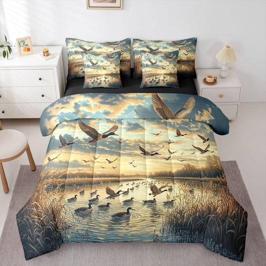 Erosebridal Sunrise 7 Piece Bedding Set Queen Wild Ducks Comforter Set with Sheets Reeds River Flying Mallards Clouds Bed in a Bag Trees Animals Print Landscape for Teens Men Women
