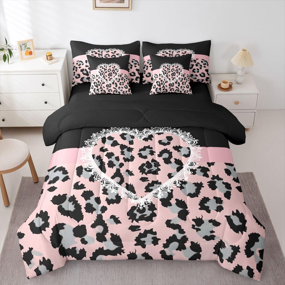 Feelyou Cute Leopard 7 Piece Bedding Set Lace Love Heart Comforter Set with Sheets for Kids Boys Girls Black Pink Bed in a Bag Sweet Romantic Bed Set Soft Lightweight