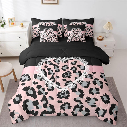Feelyou Cute Leopard 7 Piece Bedding Set Lace Love Heart Comforter Set with Sheets for Kids Boys Girls Black Pink Bed in a Bag Sweet Romantic Bed Set Soft Lightweight
