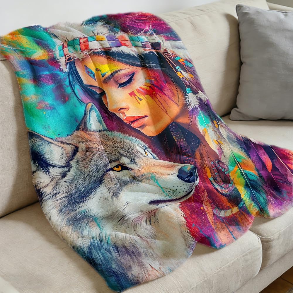 ZHOUSHUTONG Native American Throw Blanket Indian Tribal Chief Print Super Soft Warm Cozy Flannel Blanket for Couch Bedroom Office Southwest Cultural Home Decor Gift 49"x59"