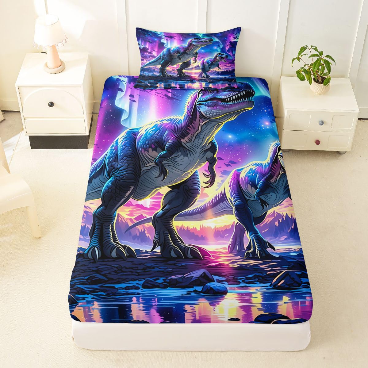Feelyou Dinosaur Bed Sheets Set Twin Size 3D Digital Print Bed Set for Kids Boys Girls Jungle Dino Deep Pocket Fitted Sheet Wild Animal Breathable Soft Lightweight Microfiber Purple Blue