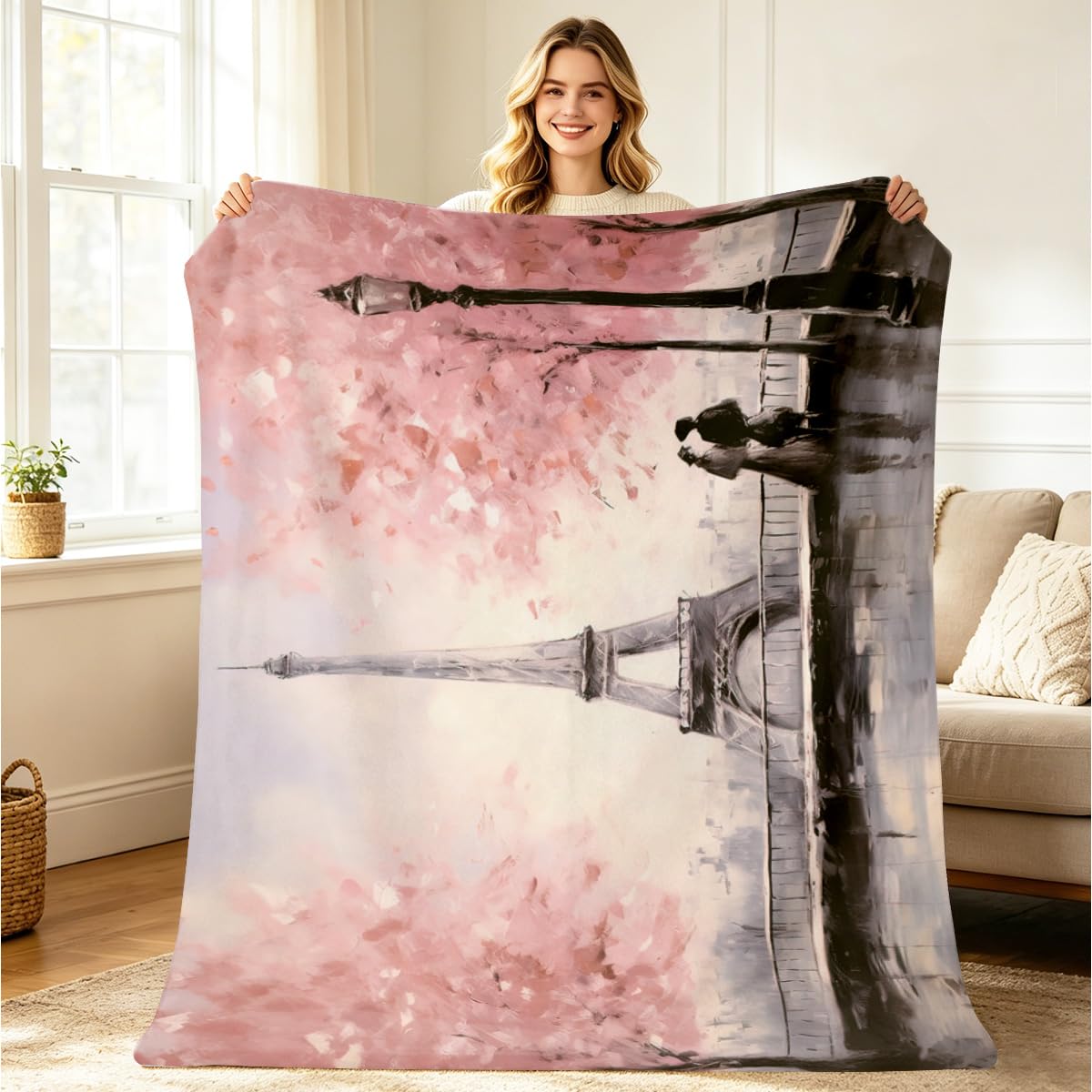 HUNXIAOJ Pink Paris Blanket French Eiffel Tower Throw Soft Flannel Bedding Romantic Cityscape Blanket for Couch Home Bedroom Living Room Paris Gifts for Girls Women Kids 49"x59"