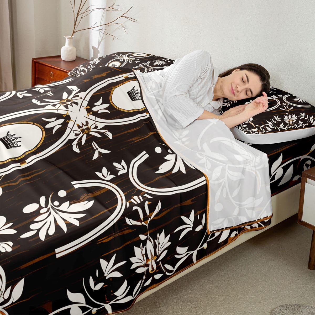 Erosebridal Black Gold Crown Bed Sheets Set Full Vintage Boho Floral Sheet Set Bohemian Exotic Goth Sheets Farmhouse Wooden Flat Fitted Sheet