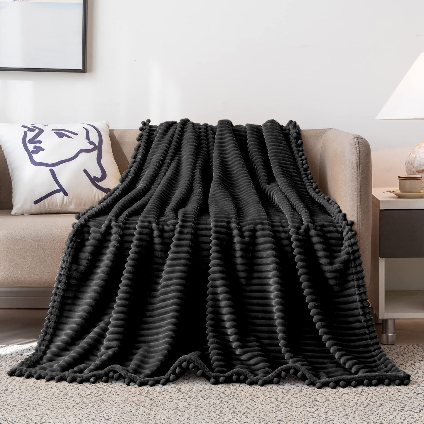 DISSA Fleece Blanket Throw Size – 51x63, Black – Soft, Plush, Fluffy, Fuzzy, Warm, Cozy – Perfect Throw for Couch, Bed, Sofa - with Pompom Fringe - Flannel Blanket Throw Blanket