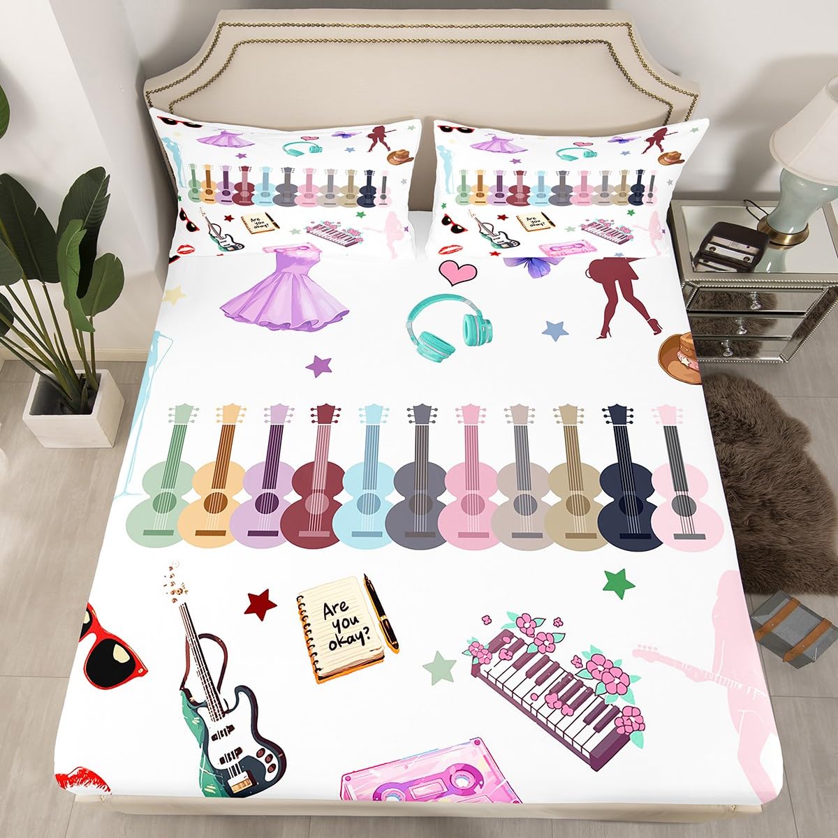 Erosebridal Music Lovers Bed Sheets Set King Music Theme Sheet Set Singer Fans White Sheets Fashion Birthday Valentines Day Gift Flat Fitted Sheet