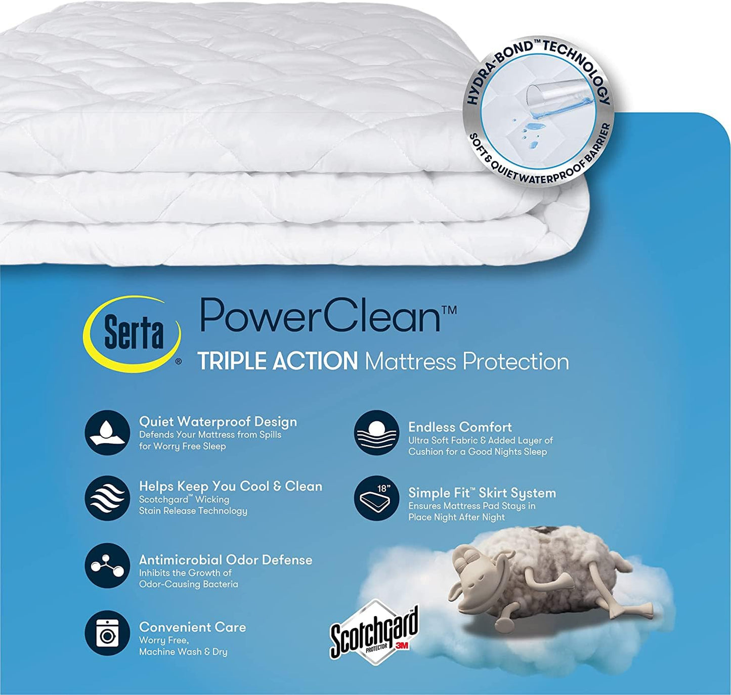 SERTA Power Clean Triple Action Quilted Soft Waterproof Mattress Pad Protector, Moisture Wicking Protection with 15" Deep Pocket, Full, White