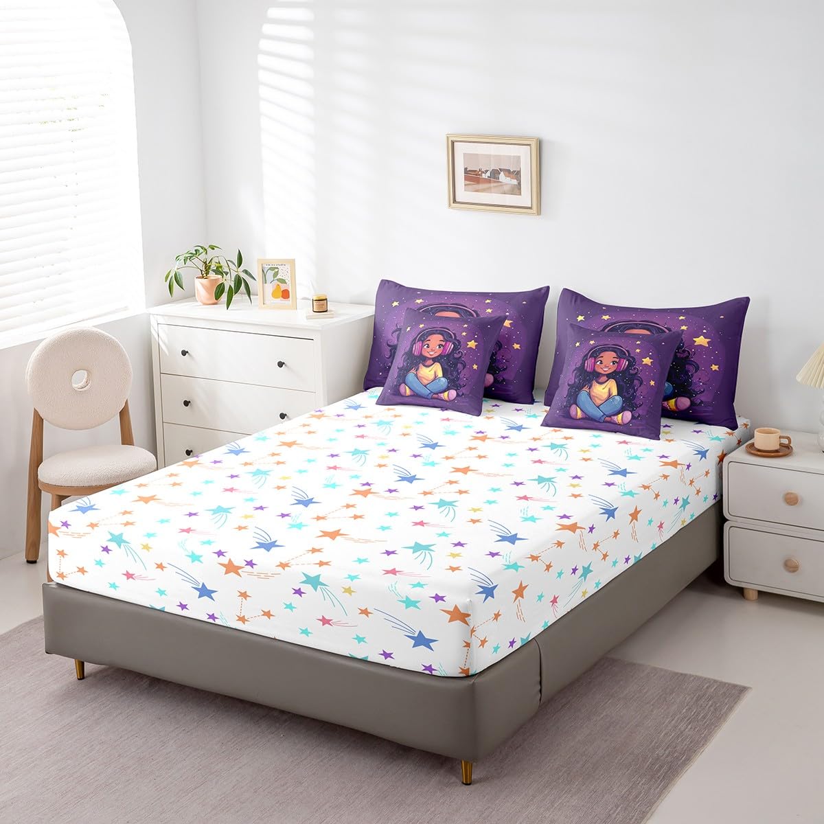 jejeloiu Kids Cute Black Girl Comforter Set 7 Pieces Full Size African American Girl Bedding Set Music Star Print Bed in a Bag with Comforter, Sheets, Pillowcases & Cushion Covers（No Glitter）
