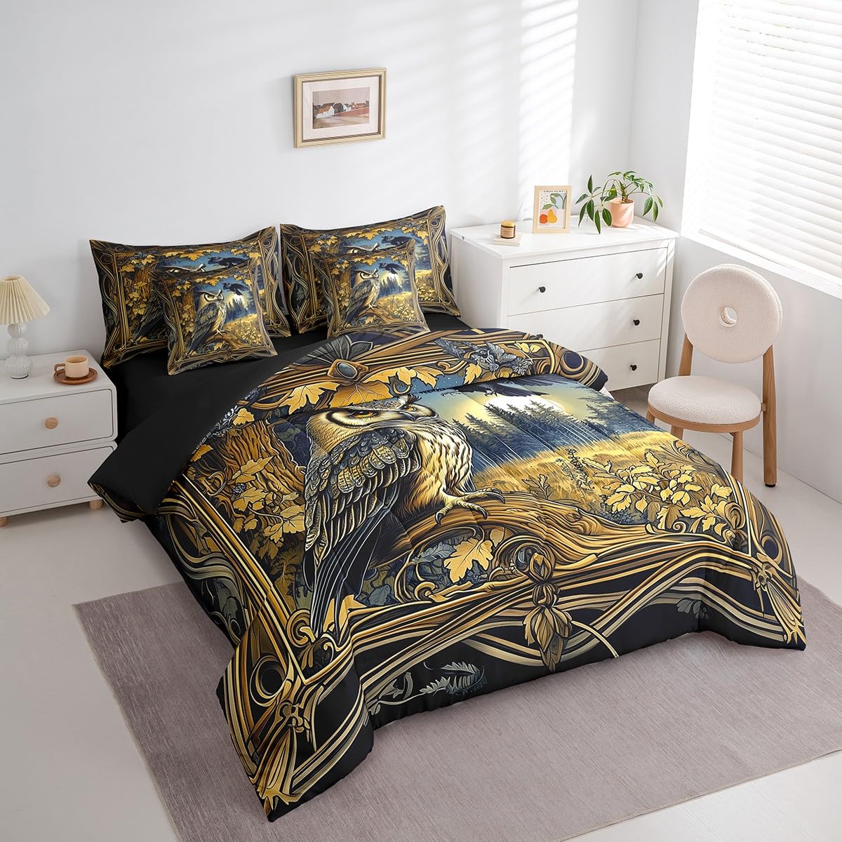Feelyou Boys Girls Owl 7 Pieces Bedding Set Queen Size, Cute Animal Bed in A Bag Kids Wild Animal Comforter Set with Sheets West Teens Bed Set Bedroom Decor 7Pcs