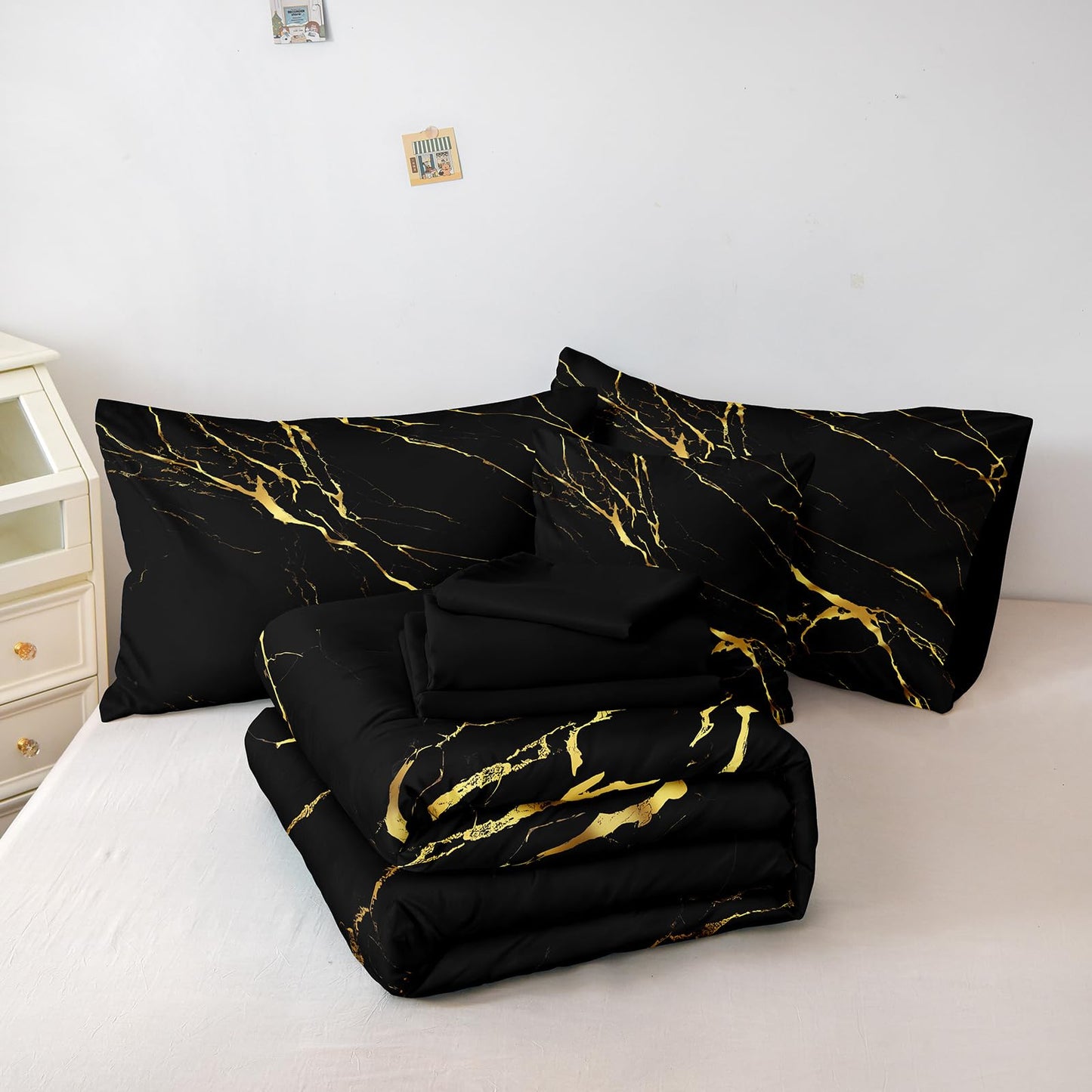 Merryword 8 Pcs Bed in a Bag Black Marble Comforter Set Full Size Gold Metallic Bedding Set