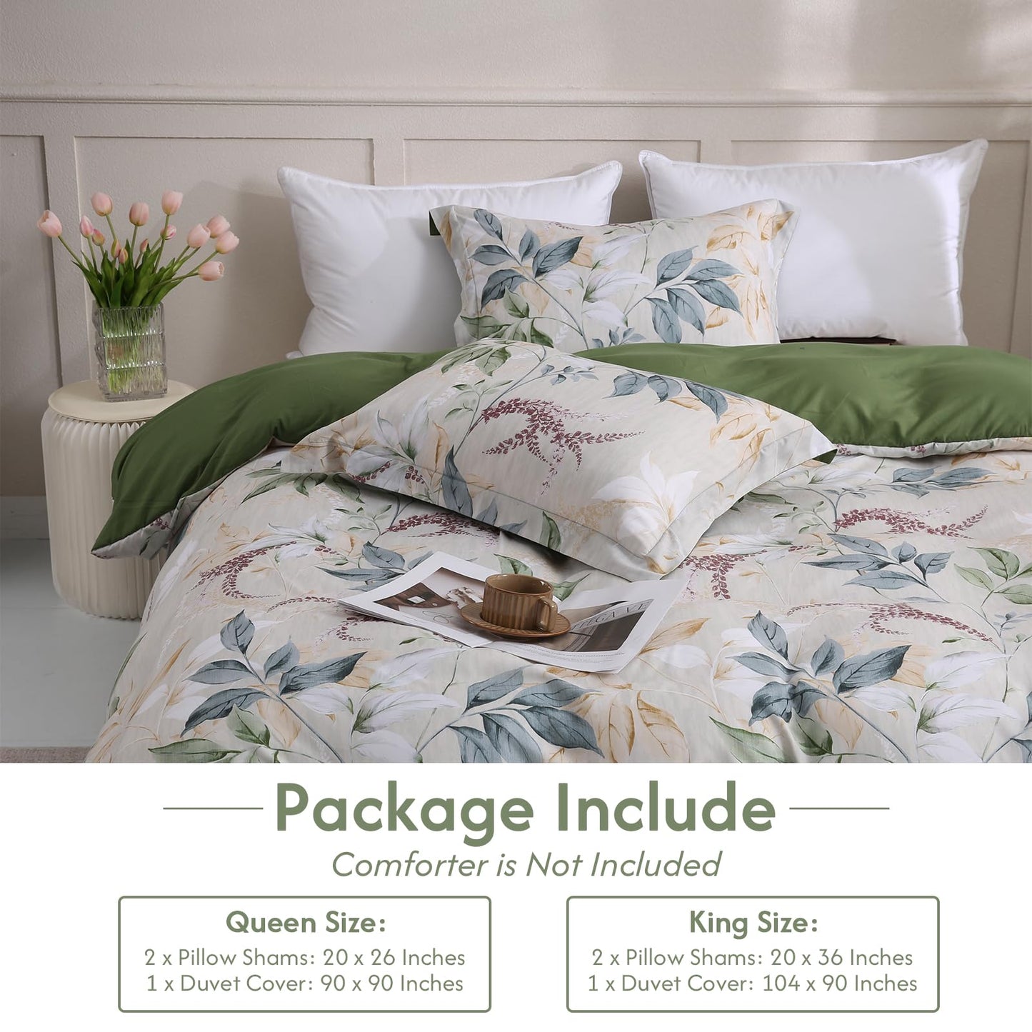 LONAVA Queen Botaincal 3 Pcs Duvet Cover Set, Breathable Soft Microfiber Forest Green Lining Comforter Cover with Zipper Closure, and 2 Anti-Pilling, Fade Resistant Pillowcases, Lavender